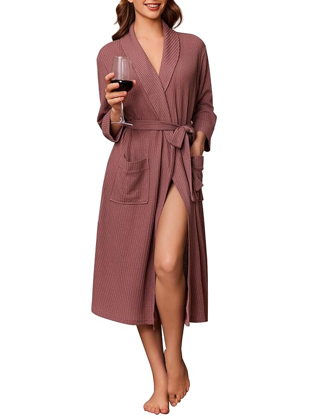 Ekouaer Robes for Women Long Waffle Knit Bathrobe Lightweight Kimono Robe Soft Shawl Collar Spa Robes with Pockets