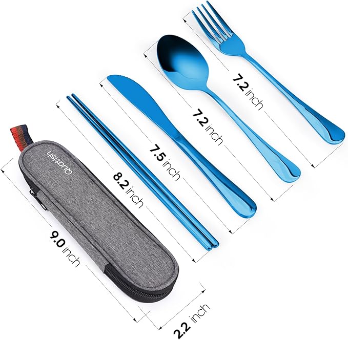 This versatile 5-piece set includes an adult-sized fork, spoon, knife, chopsticks, and a sleek carrying case. With a portable size of just 9.0x2.1 inches, it seamlessly fits into any lunch bag or backpack, making it an ideal choice for office meals, vacations, outdoor picnics, and camping trips. The chopsticks are specially designed with reinforced laser etching for an anti-slip grip, ensuring you can easily enjoy your favorite dishes. Additionally, we prioritize customer satisfaction, offering friendly service and solutions should you have any concerns. Choose our Stainless Steel Utensil Set for a perfect blend of style, durability, and practicality.