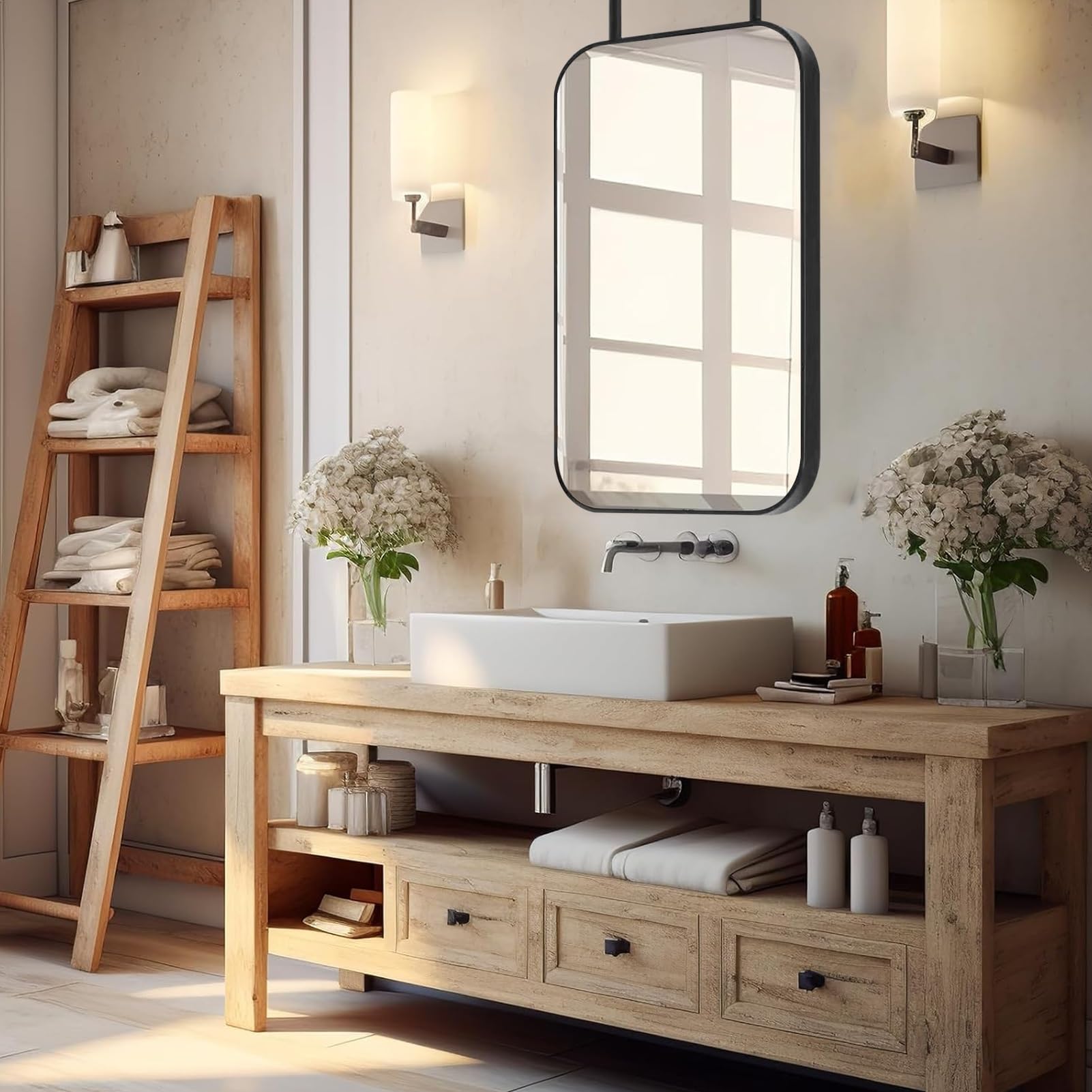 DFGHNBVC Bathroom Mirror With Booms, Ceiling Hanging Dressing Mirror Metal Framed Makeup Mirror Decorative Mirror Suspended Floating Rod Mirror For Wall, Black Rectangle,40Cmx70Cm,40Cmx60Cm