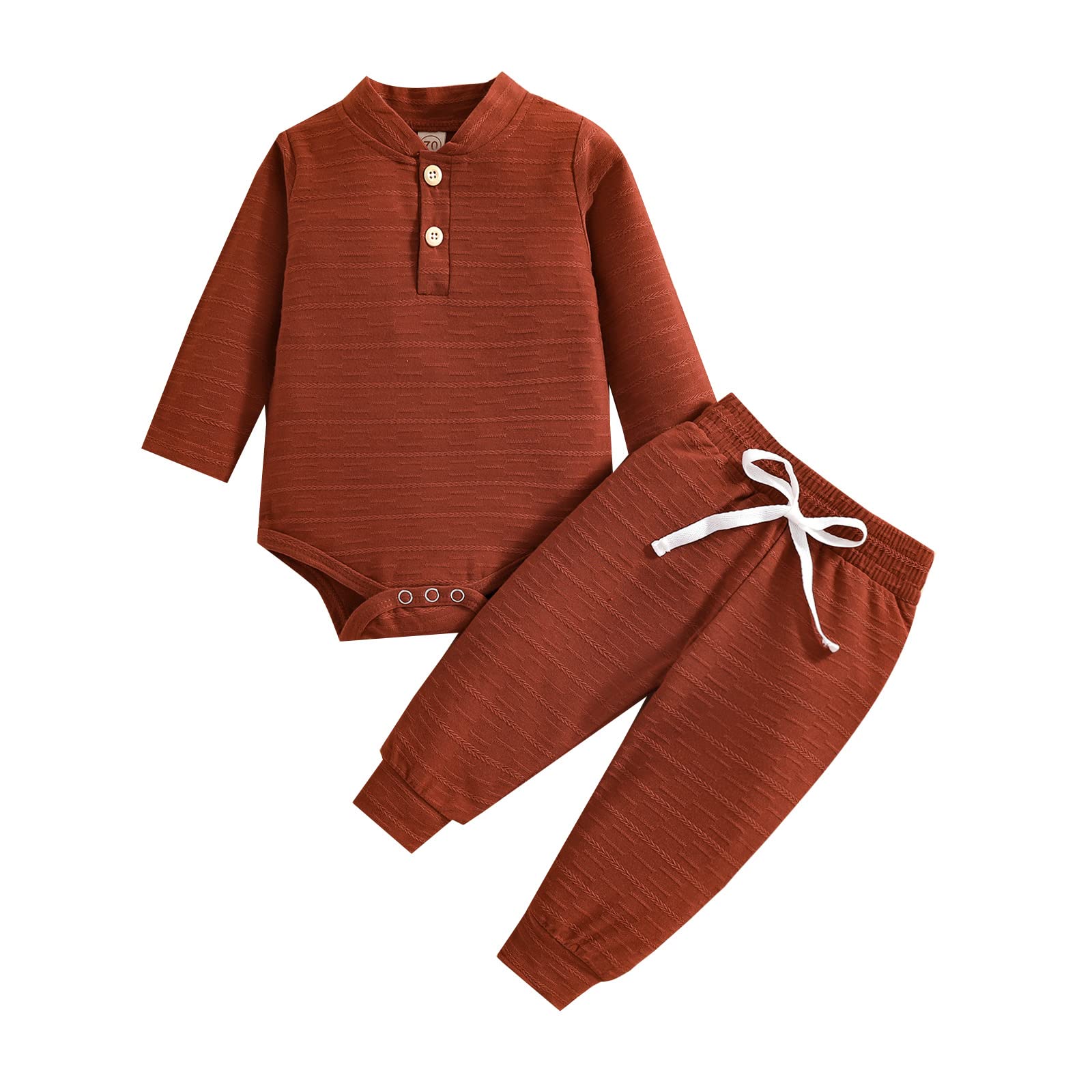 One opening Infant Baby Boy Fall Winter Clothes Solid Long Sleeve Romper Boydsuit +Pants Outfit Toddler Boys Clothes (Brown, 6-12 Months)