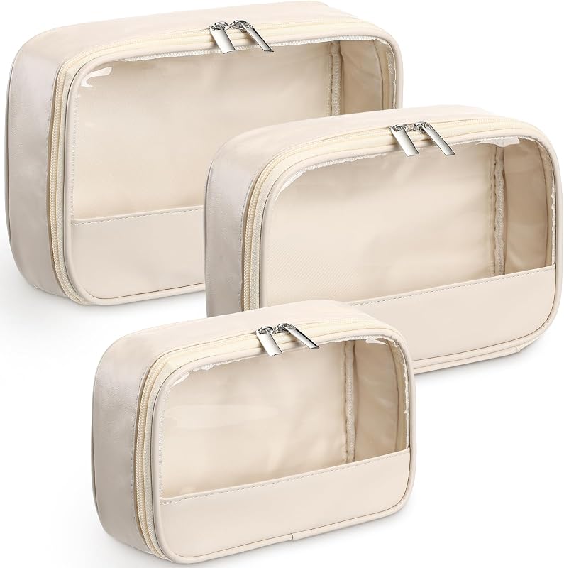 Abbylike Conjunto com 3 necessaires transparentes bege de PU e PVC com zíper