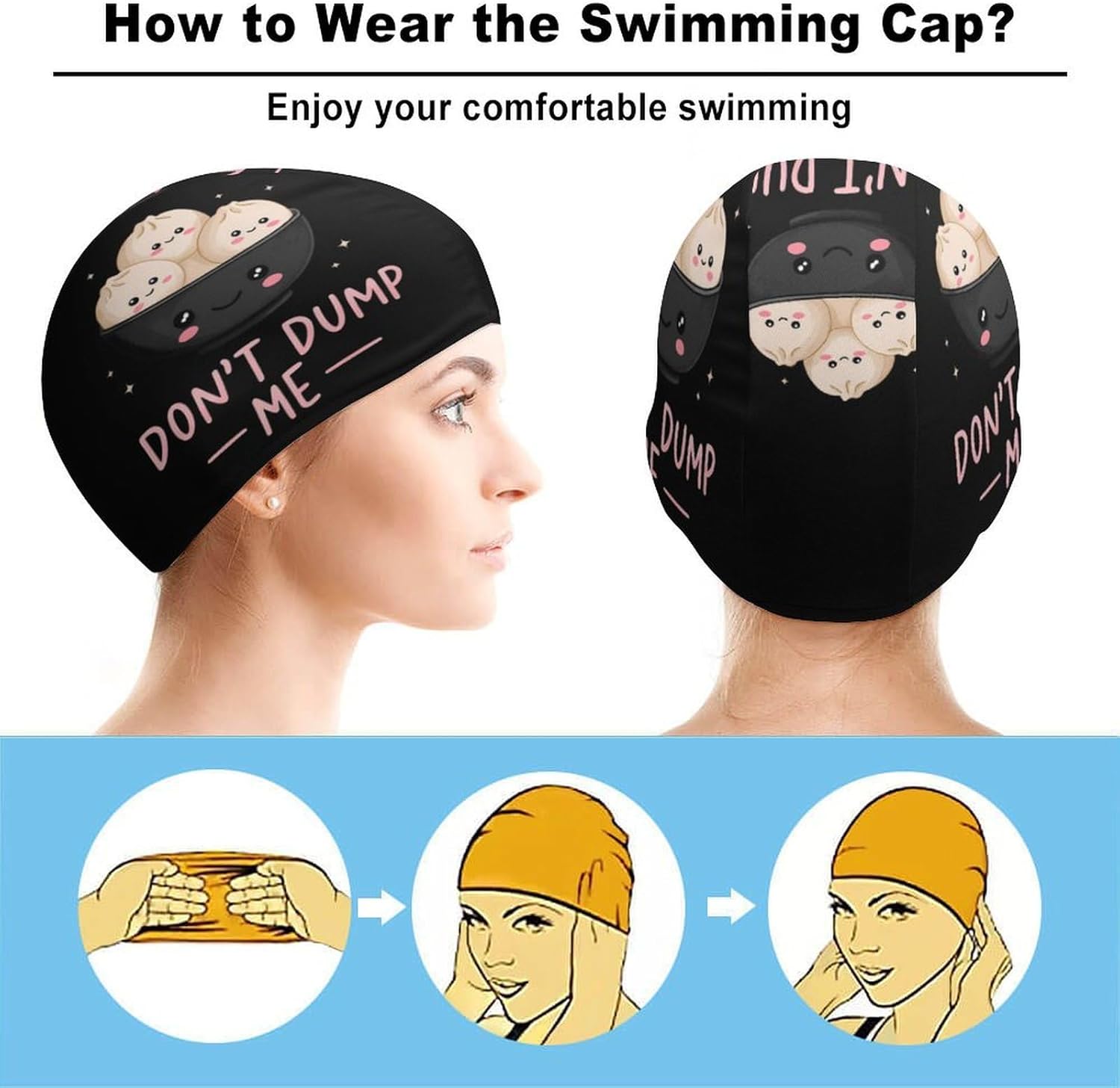 Don't Dump Me Dumpling Womens Swim Cap for Men Adult Swimming Hat Curly Short Medium Long Hair