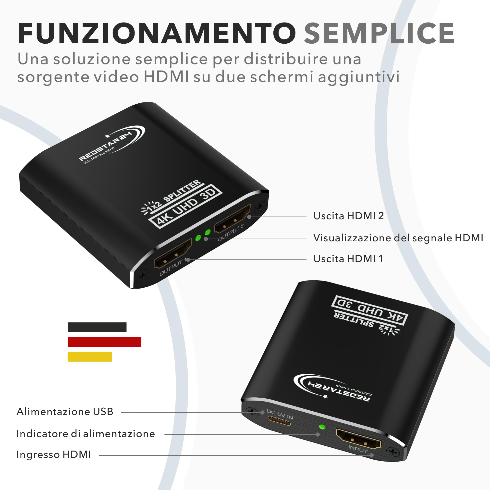 RedStar24 HDMI Splitter 4K@60Hz, 1 In 2 Out Ripartitore HDMI, Sdoppiatore hdmi 1 ingresso 2 uscite, supporta HDCP, 4K, 3D, UHD, 1080P - Compatibile con Xbox, PS4, Roku, Firestick, HDTV e Apple TV