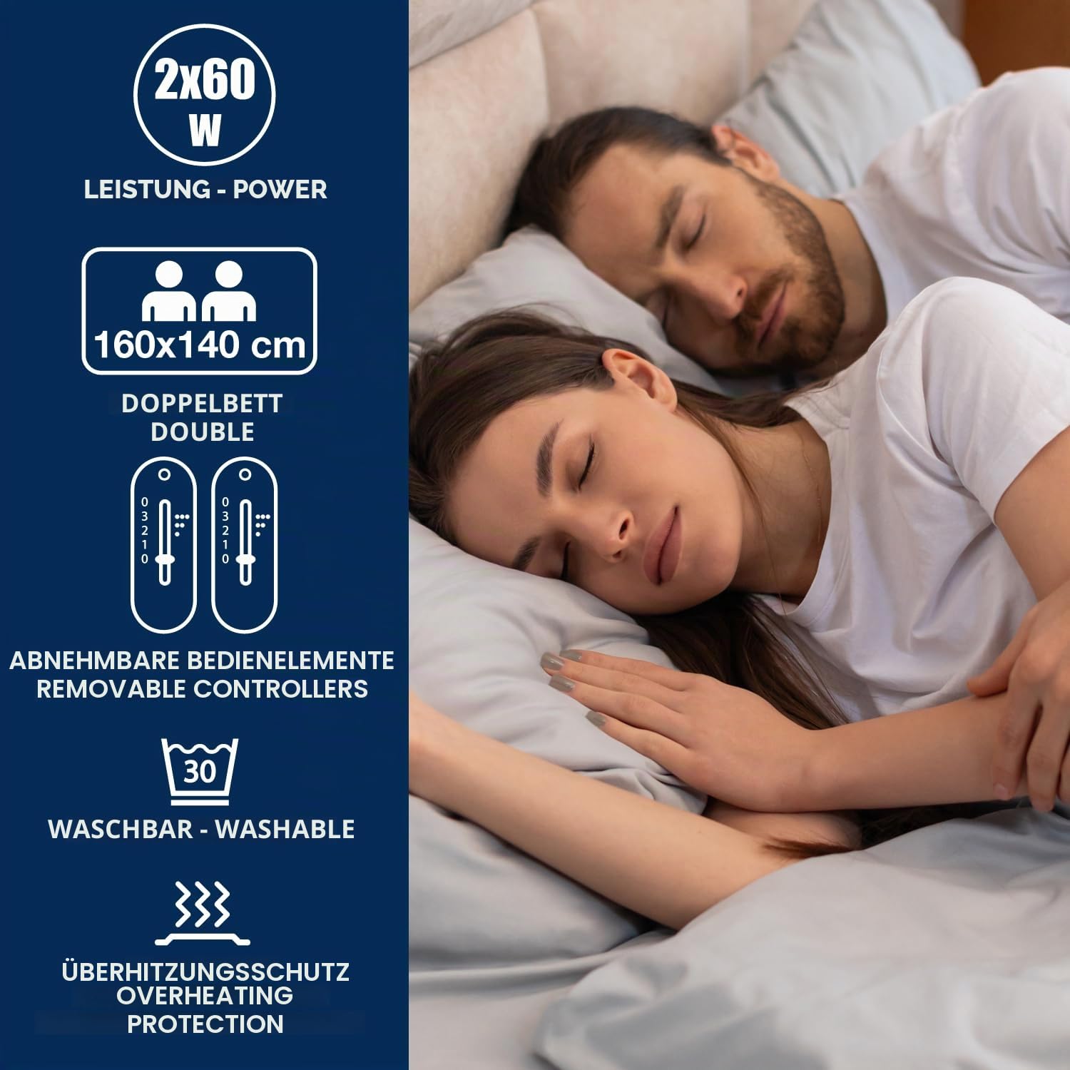 BEPER P203TFO111 Doppelbett-Heizdecke, 2 Zonen mit unabhängiger Steuerung, 3 Temperaturstufen, waschbar, automatische Abschaltung, 160 x 140 cm