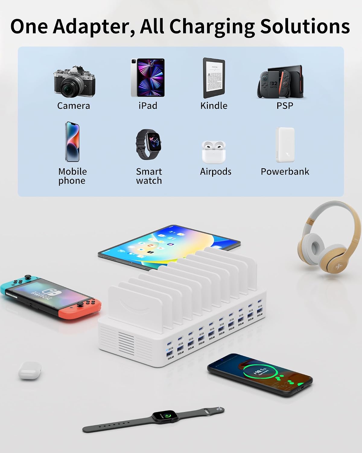 270W Charging Station for Multiple Devices, 20-Port USB Fast Charging Station with Adjustable Dividers & 10 Cables, Multi Device Organizer Charging Dock for iPhone, iPad, Tablets & More(White)