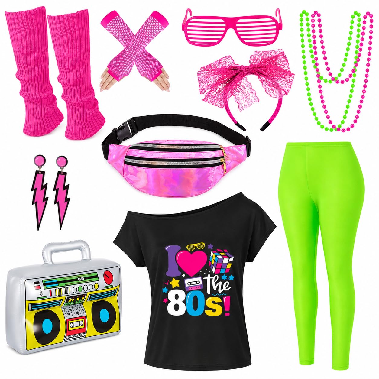 80s Outfit Women Costume Accessories Set T Shirt Shorts Tutu Skirt Neno Party Leg Warmers Headband