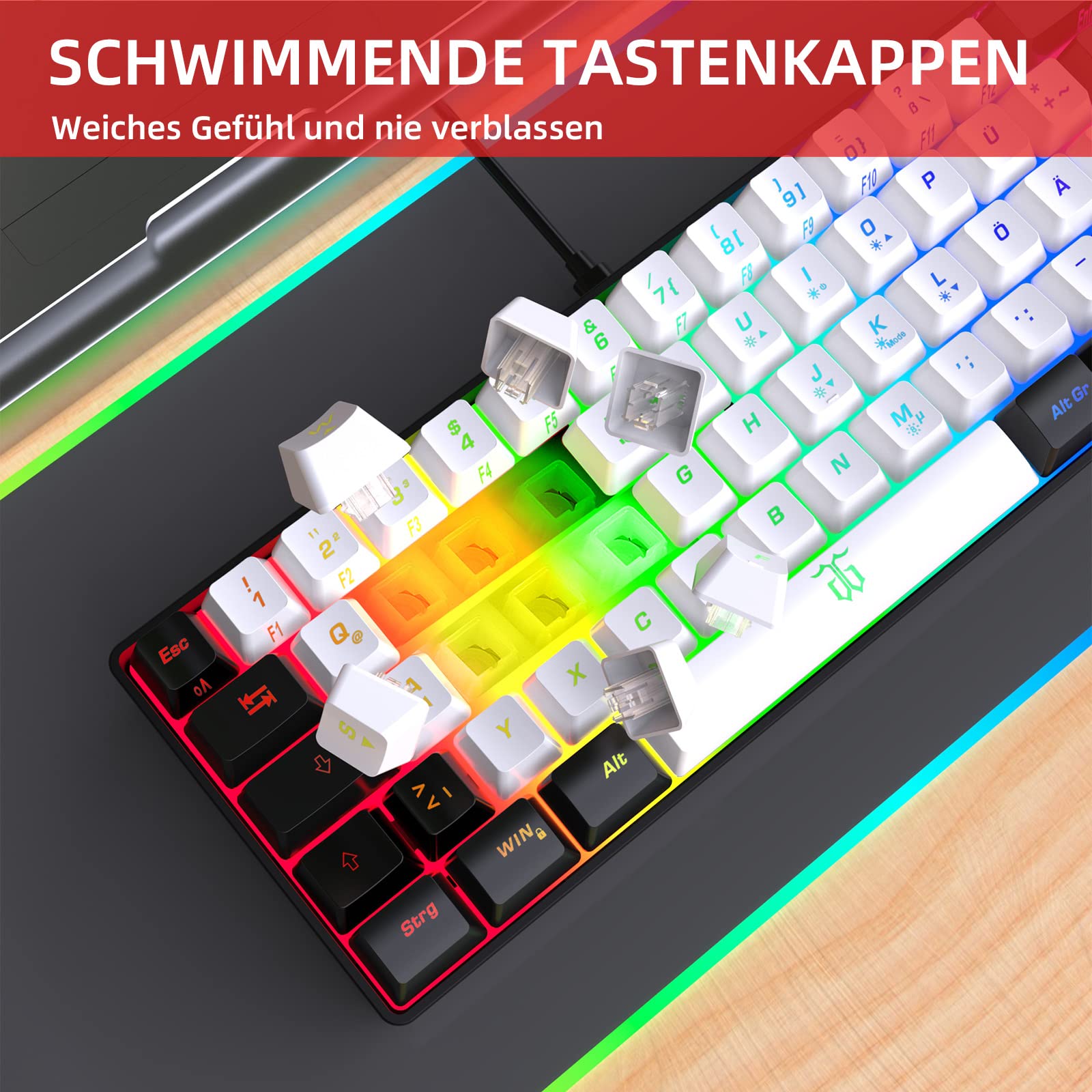 Snpurdiri 60% Tastiera da Gaming Cablata, Mini Piccola, Tastiera Compatta RGB Portatile per PC, Mac, Ufficio, Gaming (61 Tasti, Alfabeto Tedesco, Nero e Bianco)