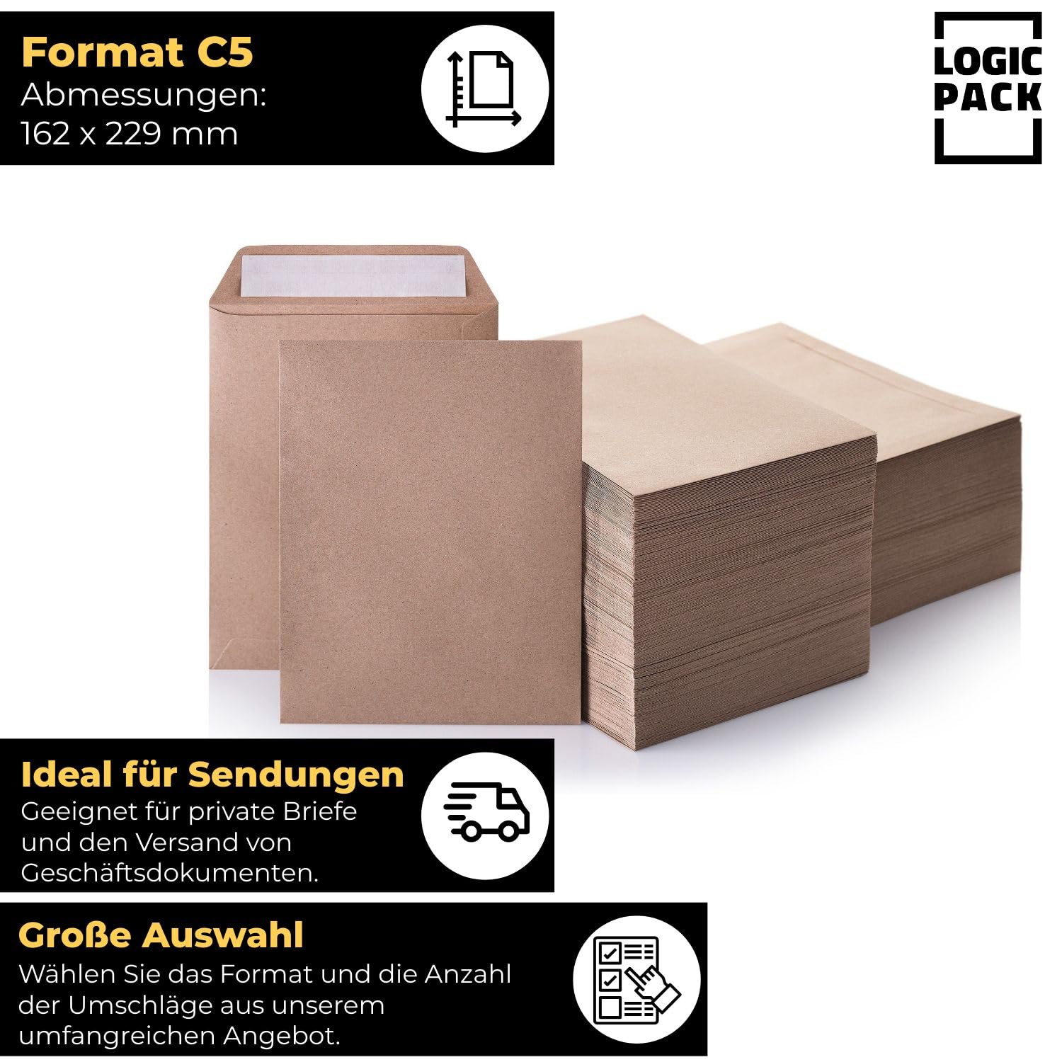 1000 Versandtaschen C5 Braun, haftklebend, robustes Kraftpapier | Starker Verschluss, mit Abziehstreifen, reißfest und blickdicht, extra stabiles Material, ideal für Dokumente & Briefe