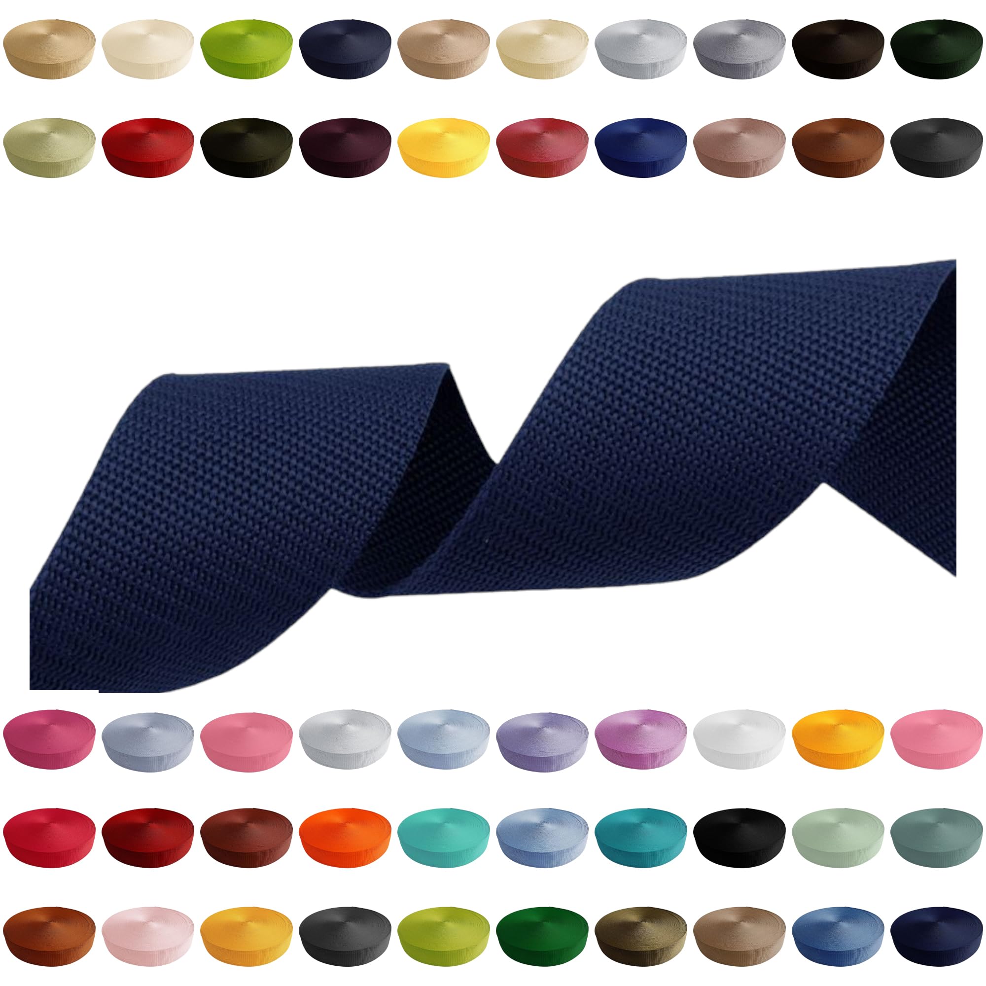 Gurtband 2m 5m 10m 50m, 50 Farben, Breite 10mm 15mm 20mm 25mm 30mm 40mm 50 mm Taschengurt Polypropylen Ideal für DIY-Projekte, Handarbeiten (919) Marineblau, 10mm x 2m