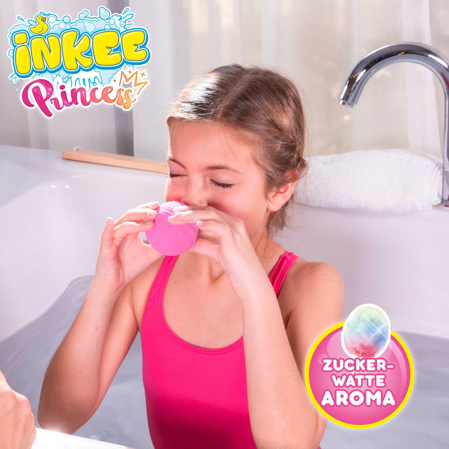 INKEE Boule de bain Princesse - Bombe de Bain Enfant avec Surprise, Figurine Princesse à l'intérieur, Parfum Barbe à Papa & Huile d’Amande Douce, 100g – Testée Dermatologiquement