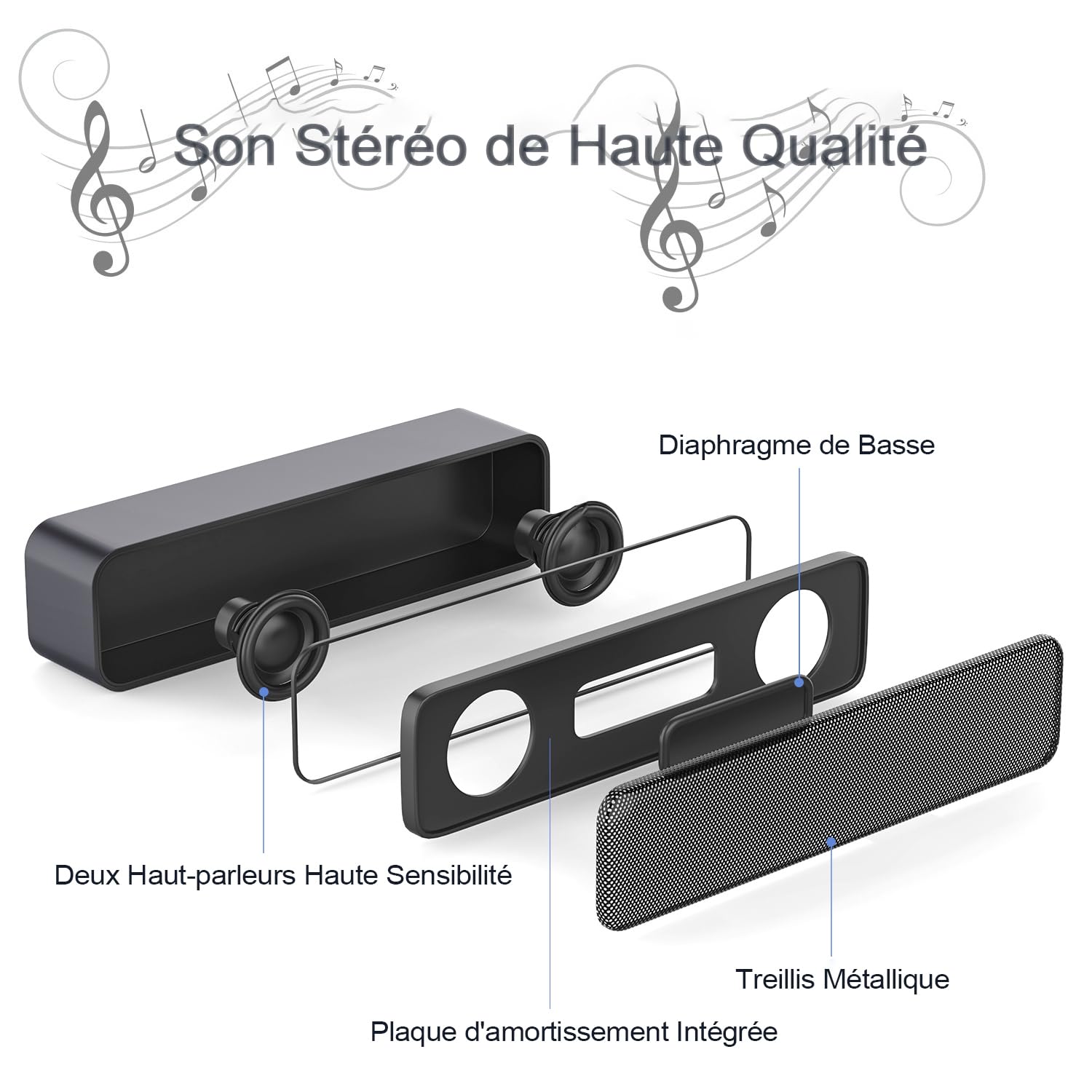 Haut-Parleur d'ordinateur, Haut-Parleur alimenté par USB pour Ordinateur de Bureau, PC Windows, Ordinateur Portable. Mini Barre de Son Portable - Plug and Play