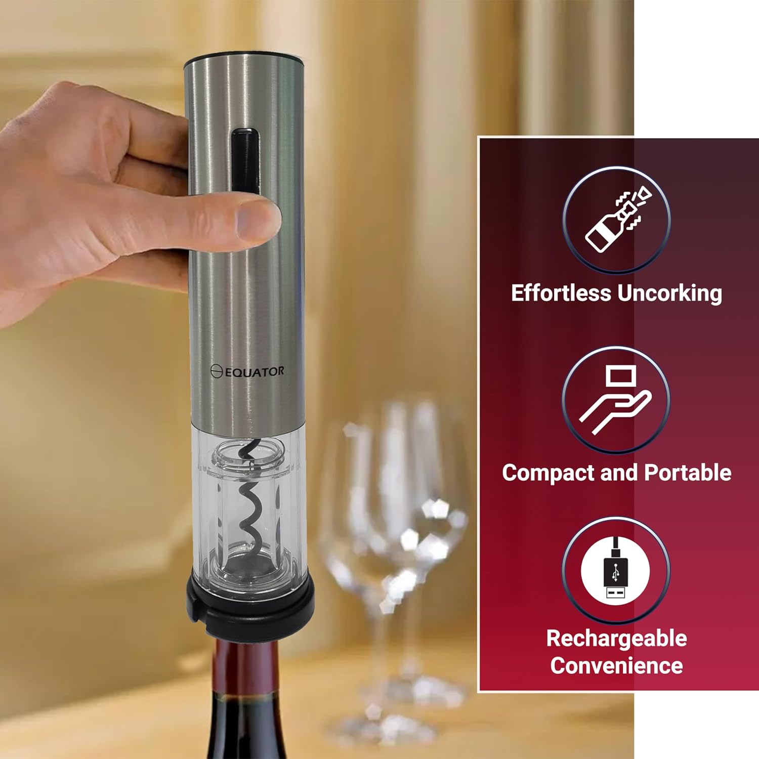 Equator Wine Bottle Opener RECHARGEABLE Cordless Stainless | Rechargeable, DC Adapter