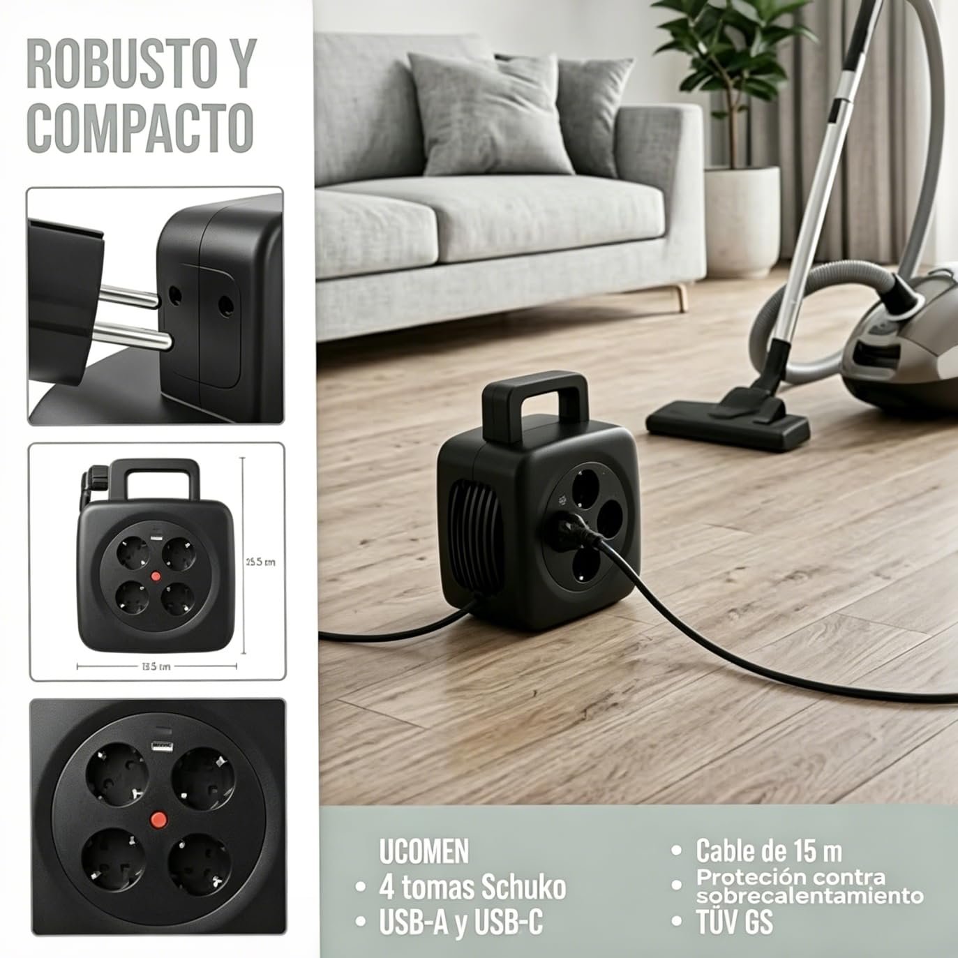 Carrete de cable 15 m con USB 20 W, certificado TÜV GS, interruptor térmico | 4 enchufes Schuko, manivela plegable para el hogar y camping al aire libre, rollo de cable de 16 A