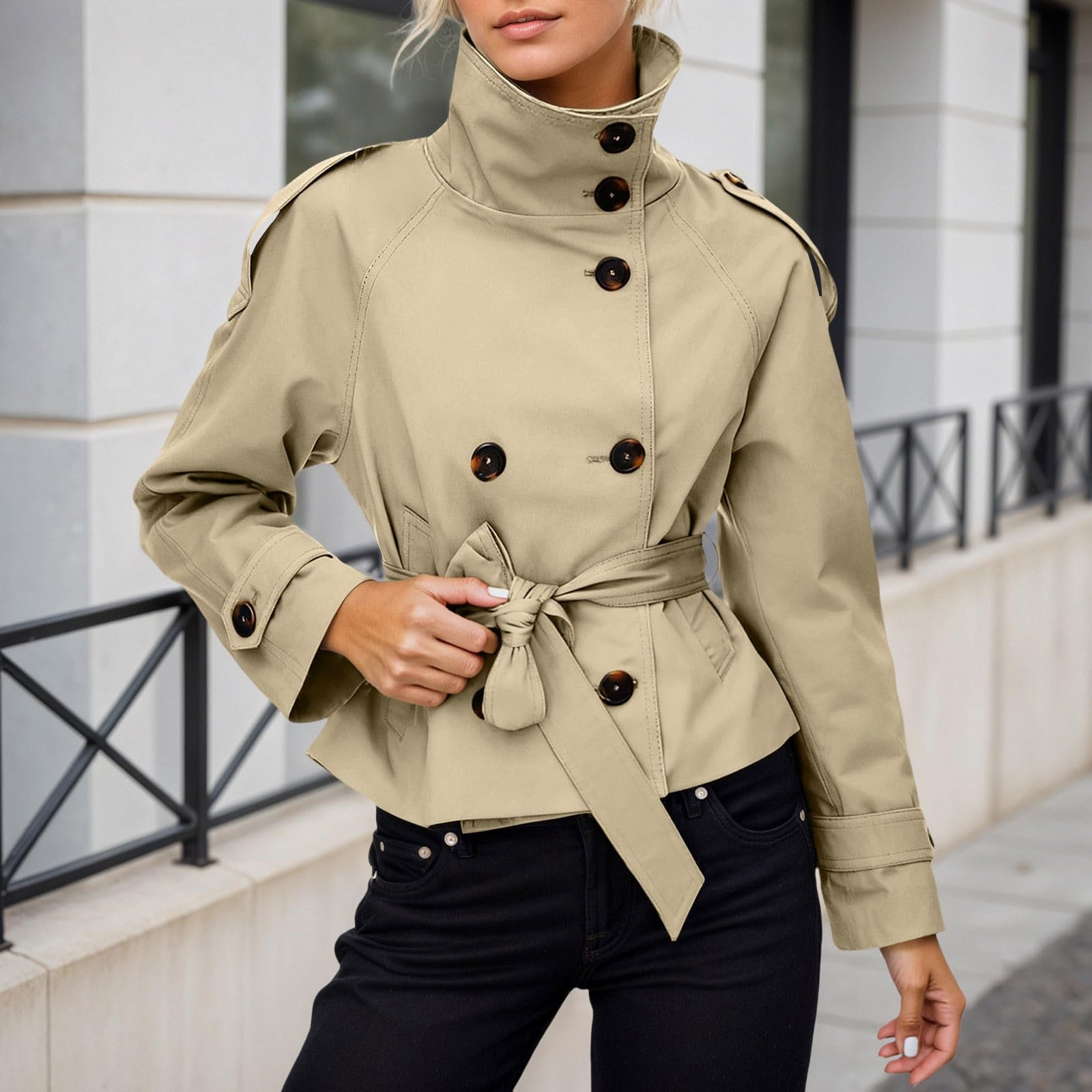 Trenchcoat Damen Kurz Zweireihig Jacke Mit Gürtel Kurzmantel Übergang Windjacke Leicht Mantel Trench Coat Einfarbig Jacken Stehkragen Herbstjacke Casual Übergangsjacke Büromantel