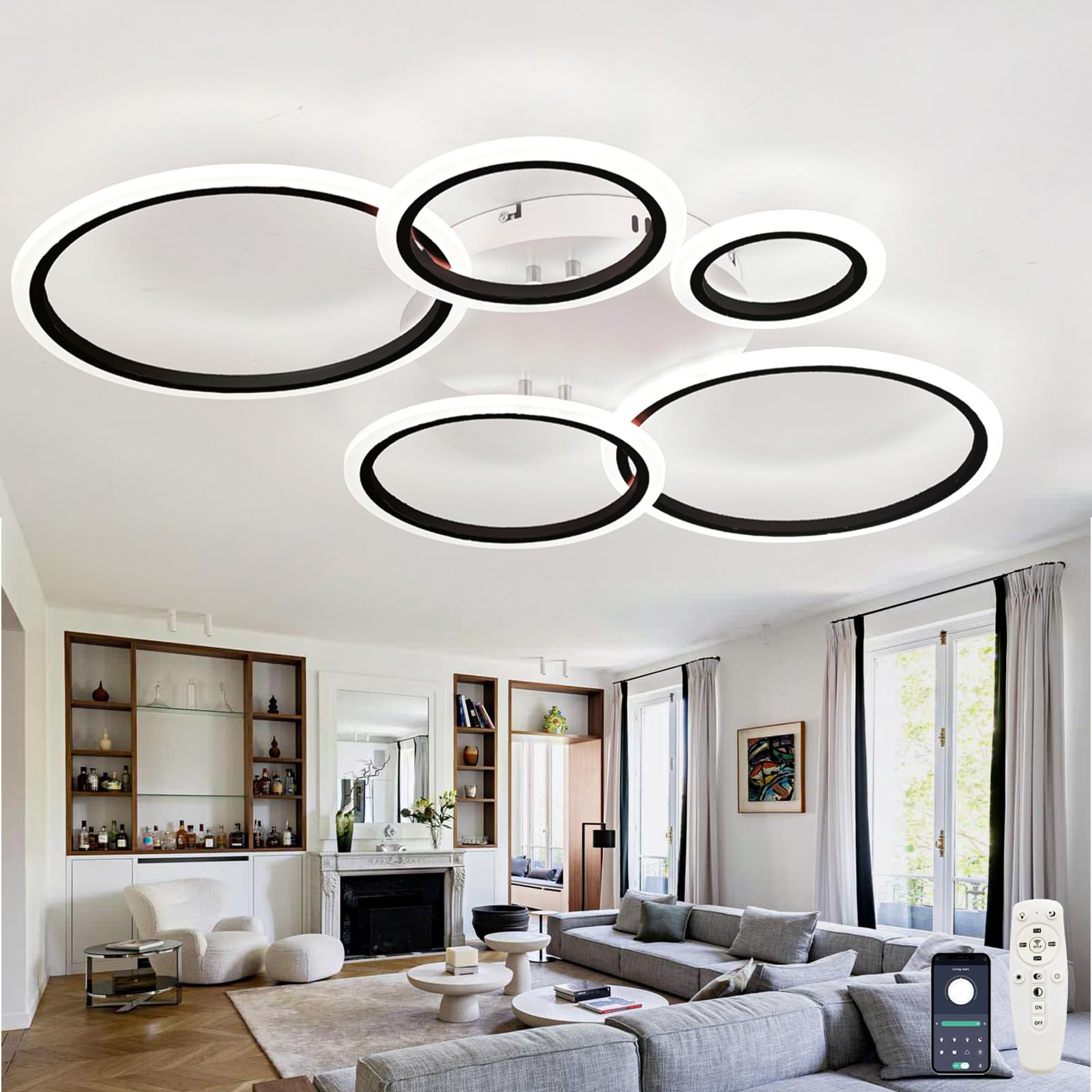 39in Lámpara De Techo LED Regulable 3000K-6000K Función De Memoria Redonda Luz De Techo Mando A Distancia Smart Dormitorio Luces Techo Moderna Grande Iluminación De Techo Para Salón-Black