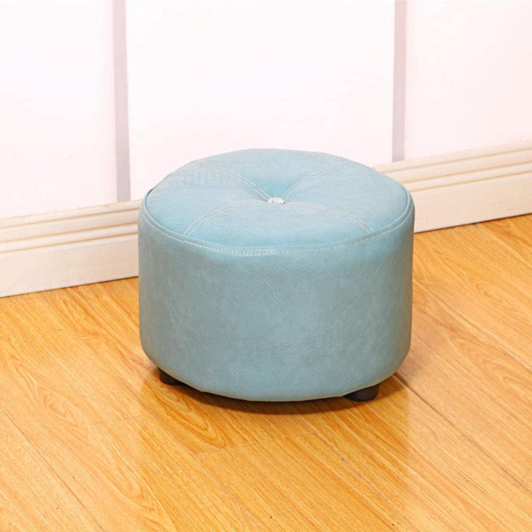 Repose-pieds ottoman rond bleu en cuir rembourré, petit tabouret bas de salon 31x23 cm