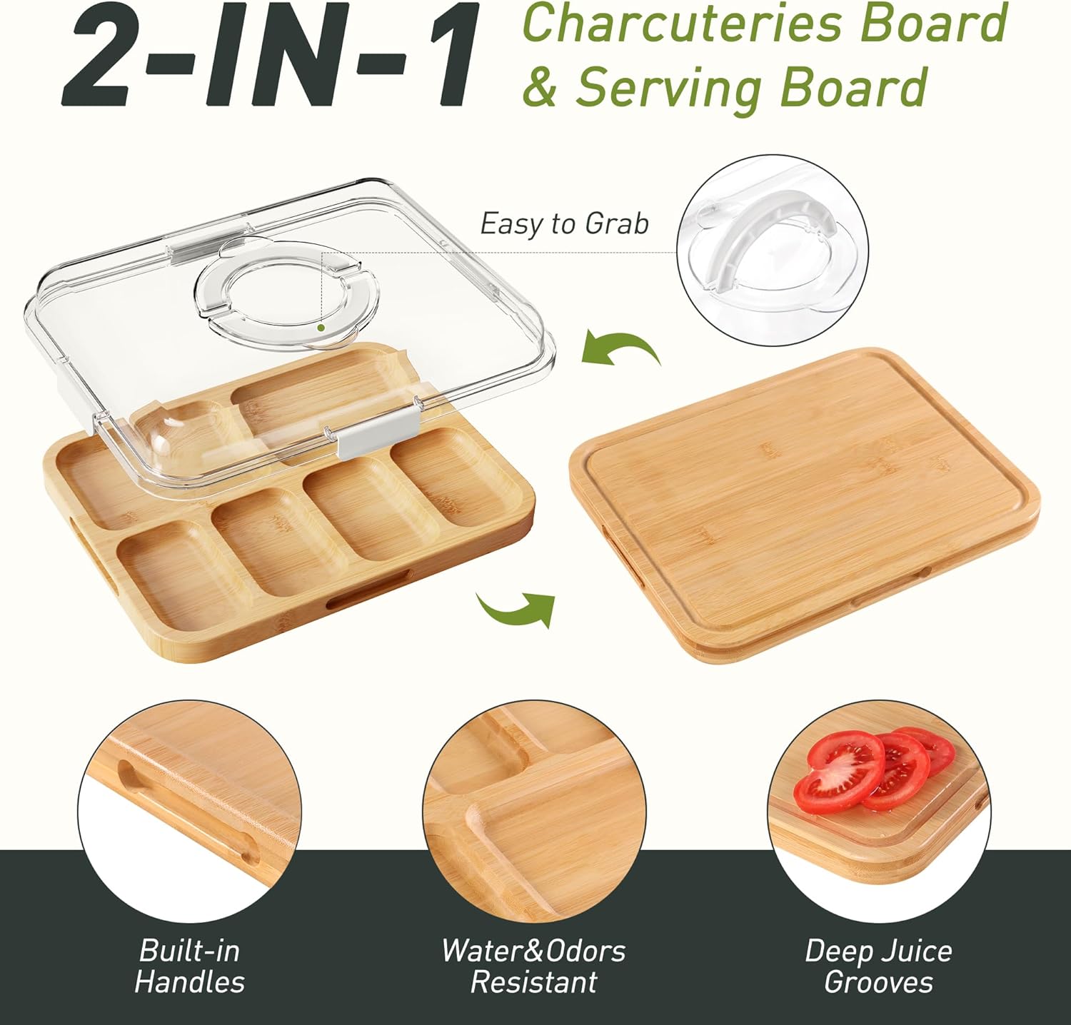 Charcuterie Board with Clear Lid, 2 Side Large Bamboo Cheese & Cutting Board for Kitchen, Includes 2 Plastic Cutting Mats & 4 Cheese Knives, Perfect for Snacks, Charcuterie Boards Gift Set