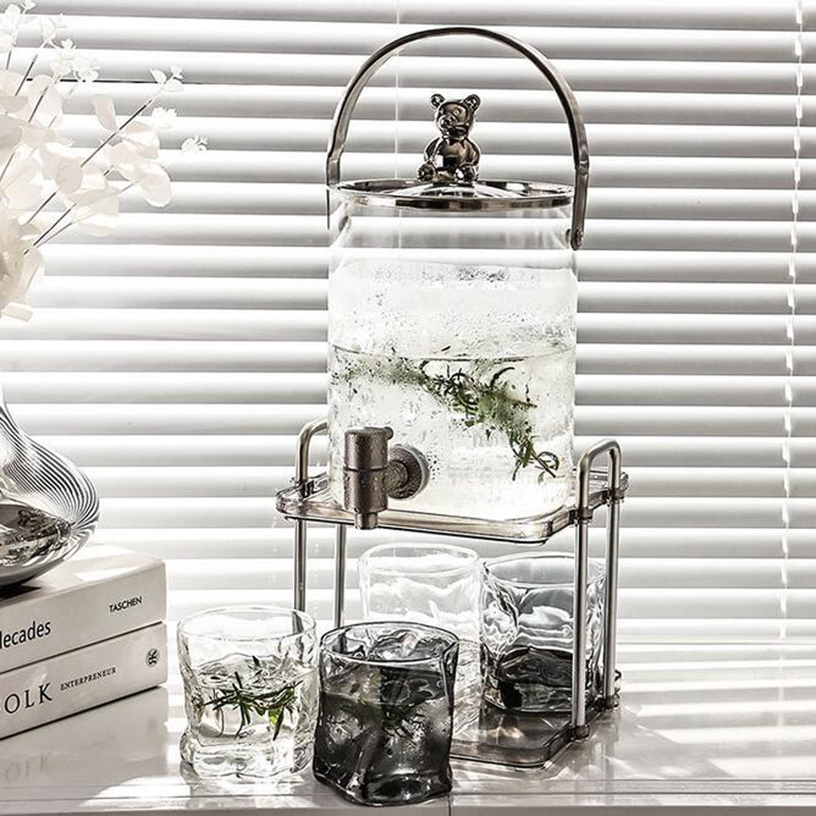 Dispensador de Bebidas de Cristal de 3 litros Dispensador de Agua Dispensador de Bebidas de Vidrio al Aire Libre, Jarra de Vidrio con Grifo Dispensador de Bebidas Refrigerador,Plata