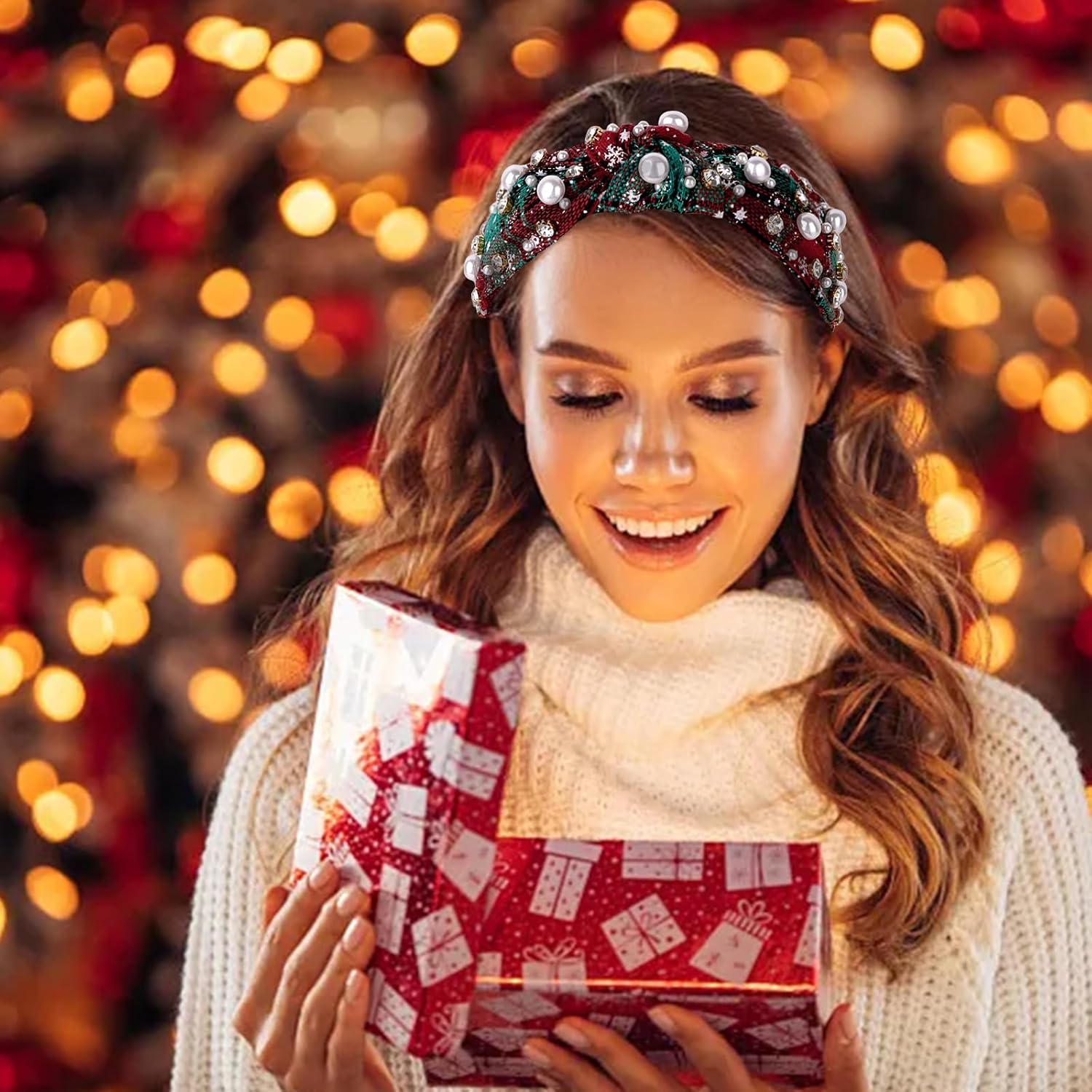 AMCAMI Christmas Headbands for Women Green Checkered Pearl Rhinestone Headband Top Knot Jeweled Wide Headband Hair Accessories Christmas Family Outfits Gifts - Image 4