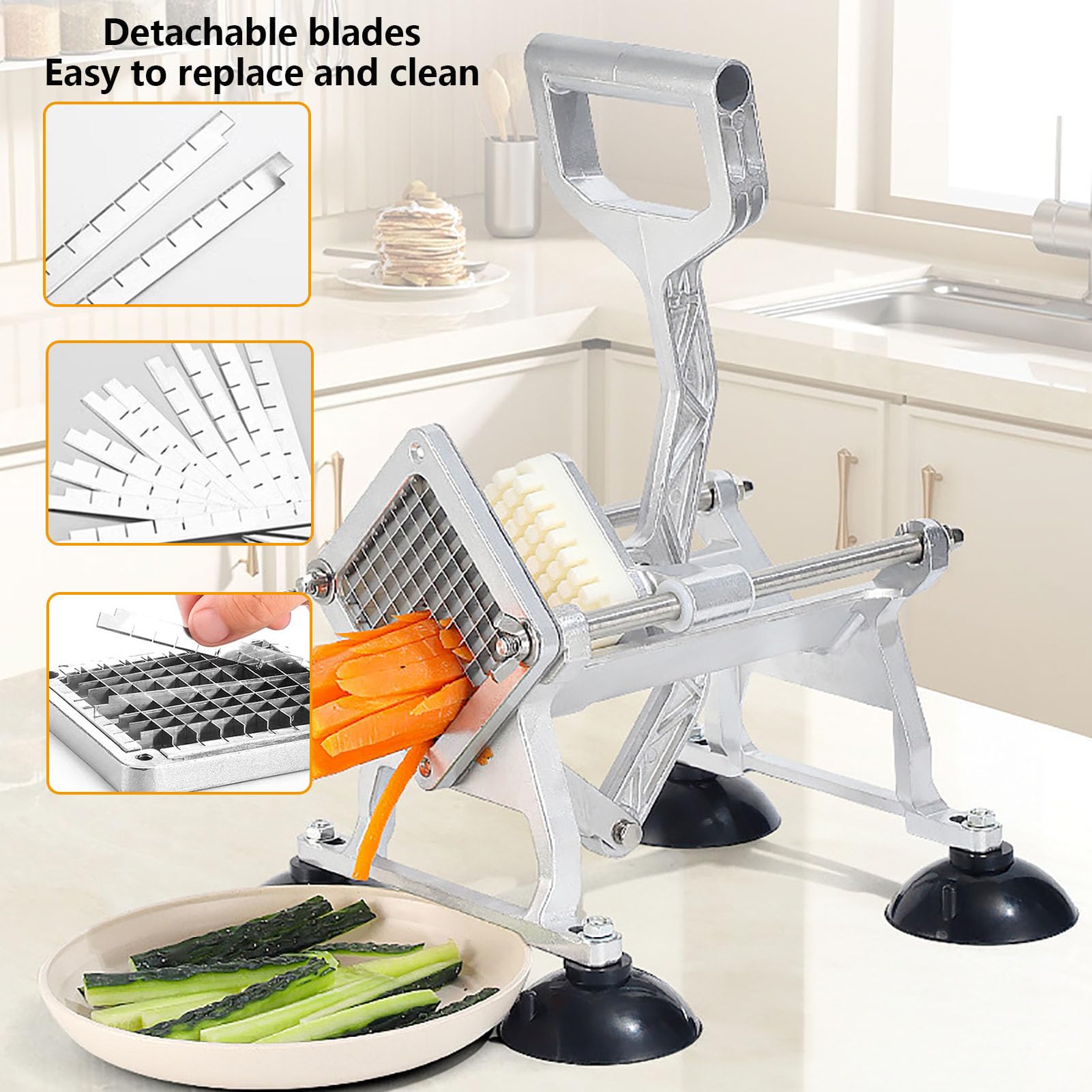 Cortador de Patatas Fritas Manual, Cortadora Profesional de Verduras con 4 Cuchillas Intercambiables de Acero Inoxidable, Base con Ventosas Antideslizantes, para Cocina Doméstica
