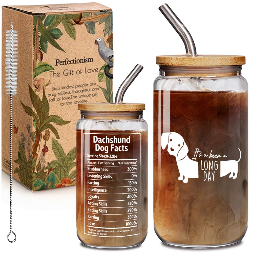 It's Been A Long Day Dachshund Glass Cups with Lids and Straws 16OZ, Dachshund Gifts for Women Men, Weiner Dogs Decor, Funny Iced Coffee Cup Gifts for Dog Lover, Mother's Day Gift for Dog Mom