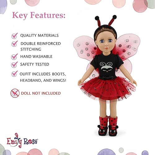 Miniatura 4 de Emily Rose Ropa de muñeca de 14 pulgadas  Magical Lady Bug 5 piezas 14.5 pulgadas muñeca disfraz de Halloween traje con alas extraíbles, diadema de