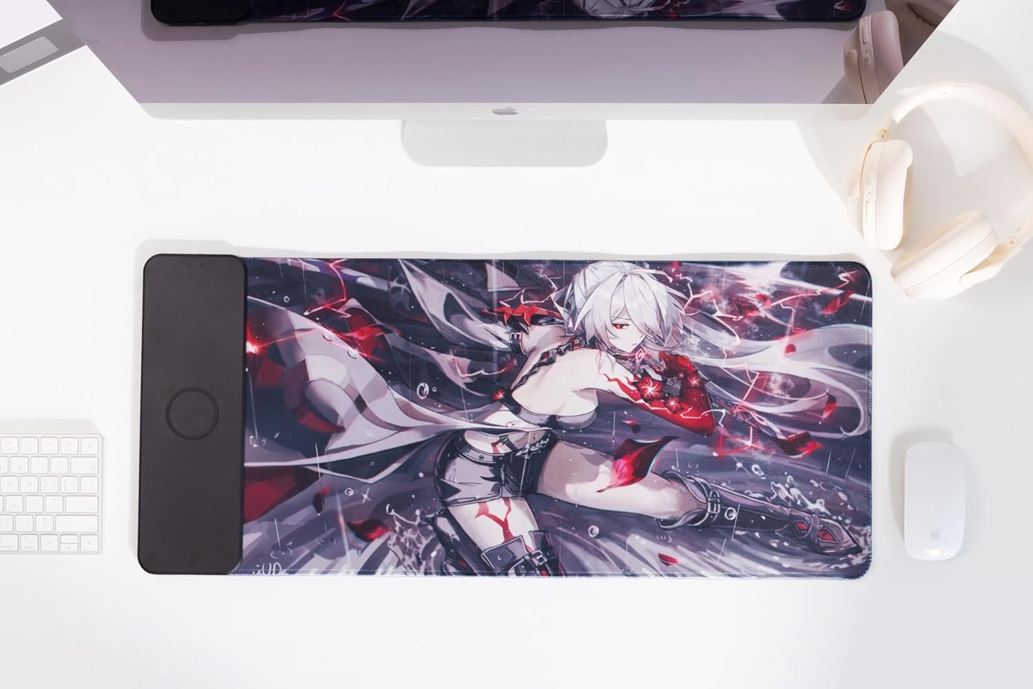 Extra Large Desk Pad with 15W Wireless Charging, Acheron (Huang Quan) Honkai Star Rail, QI-Compatible, LED Indicator, 31.5"x11.8"