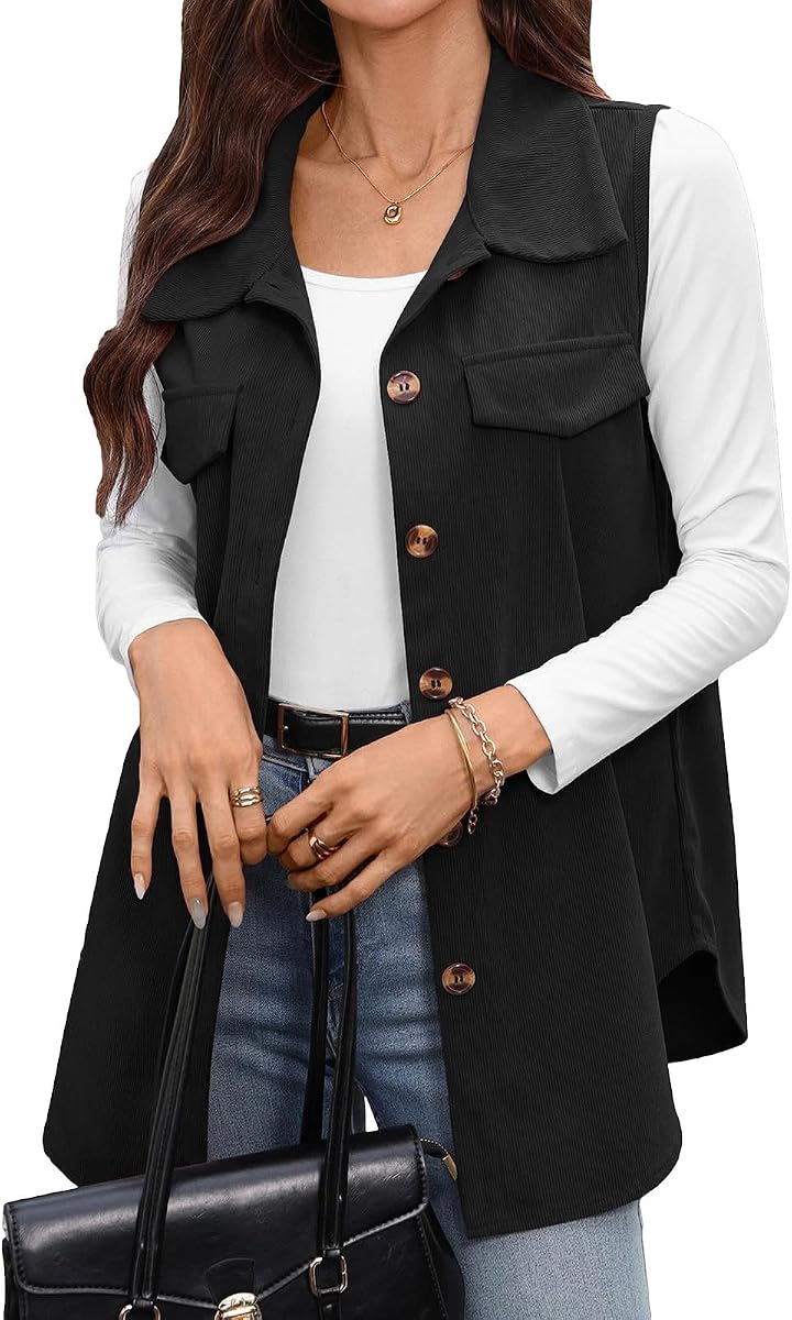 Womens Corduroy Lapel Vest Button Down Sleeveless Jacket Outerwear