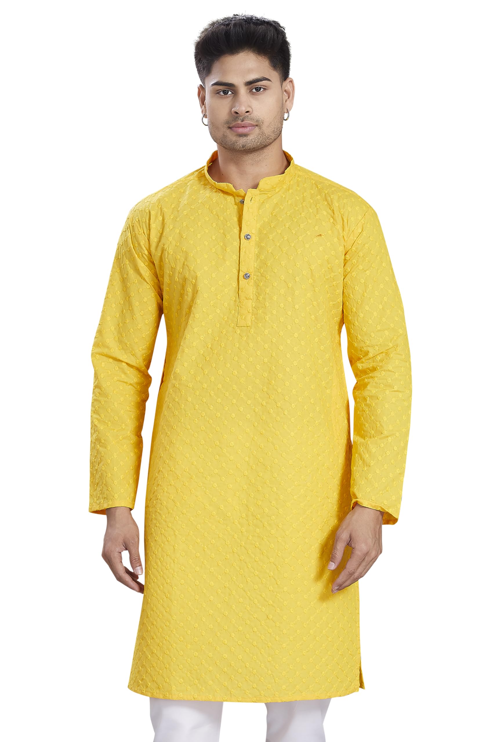 Divisive Men's Thread Embroidered Cotton Only Slim Fit Kurta (Dkrt638_Xxl_Yellow)