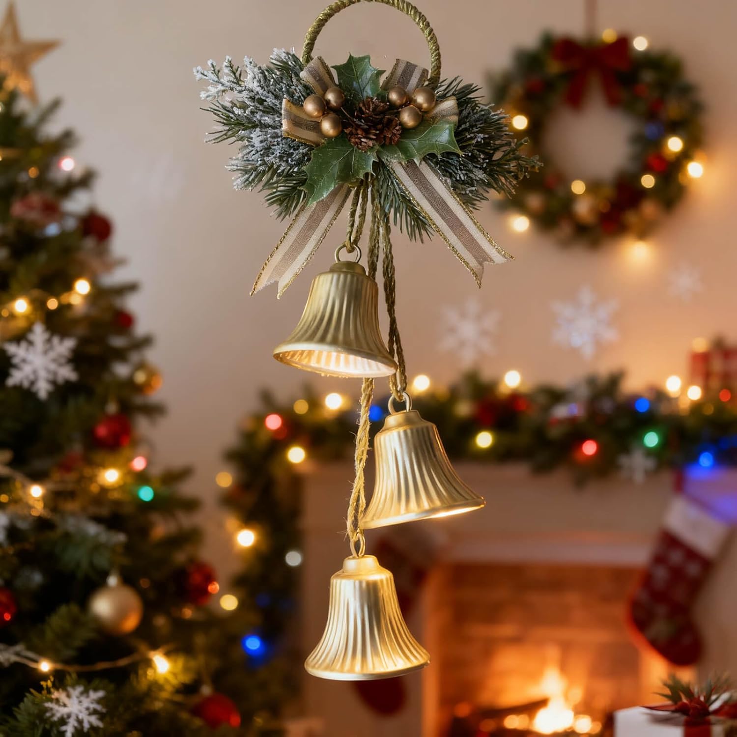 Christmas Bells Gold Decorations Hanging - Rustic Xmas Bells Cow Decor Decorative Vintage Antique Crafts for Front Door Porch Wreath Mantle Greenery Farmhouse Garland Stair Rail Holiday, 3pcs