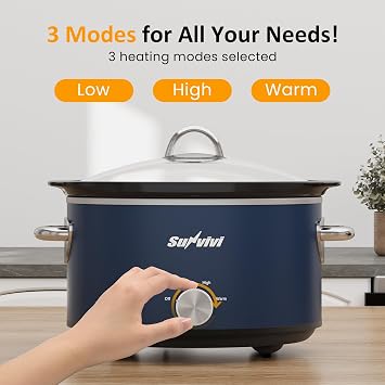 طباخ بطيء Sunvivi سعة 4 لتر وسخان طعام صغير مع 3 إعدادات تسخين، وعاء سيراميك قابل للإزالة، غطاء زجاجي آمن لغسالة الأطباق، ستانلس ستيل، أزرق