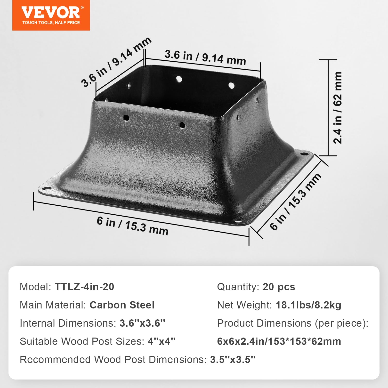 VEVOR Lot de 20 Support de Poteau Bois 4''x4'' 102x102 mm Base de Poteau Interne 91,4x91,4 mm en Acier au Carbone pour Ancrage de Poteau Bois Standard de Rambarde, Main Courante de Terrasse, Porche