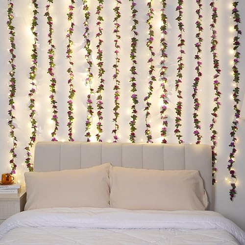 Miniatura 6 de BLEUM CADE 2 guirnaldas de flores moradas de 16.4 pies y 5 hebras de 41 pies, guirnalda de flores moradas falsas con tira de luces