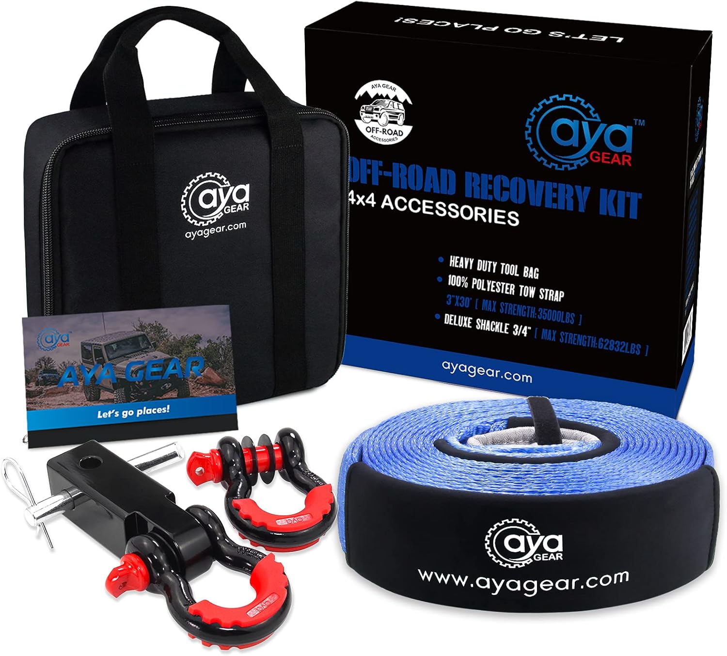 Off Road Recovery Gold Kit | 3" x30' (35,000 lbs) 100% Nylon Tow Strap + 2" Shackle Hitch Receiver + 3/4 Shackles (2pcs) with Isolator +Storage Bag| Recovery Gear Combos 4x4 Winch Accessory