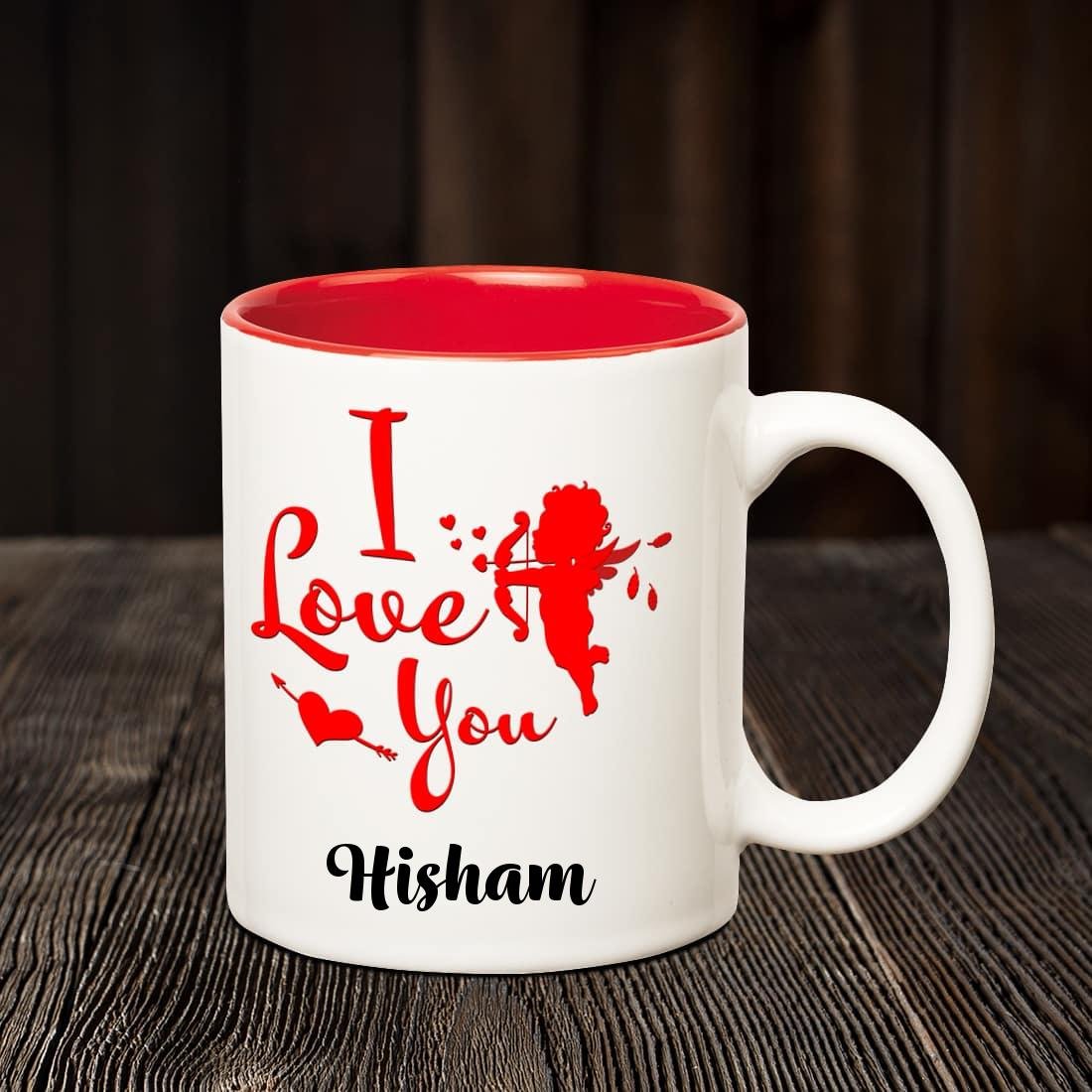 Chanakya Ceramic I Love You Hisham Romantic Inner Red Coffee Name Mug, Multicolor, 350 Ml