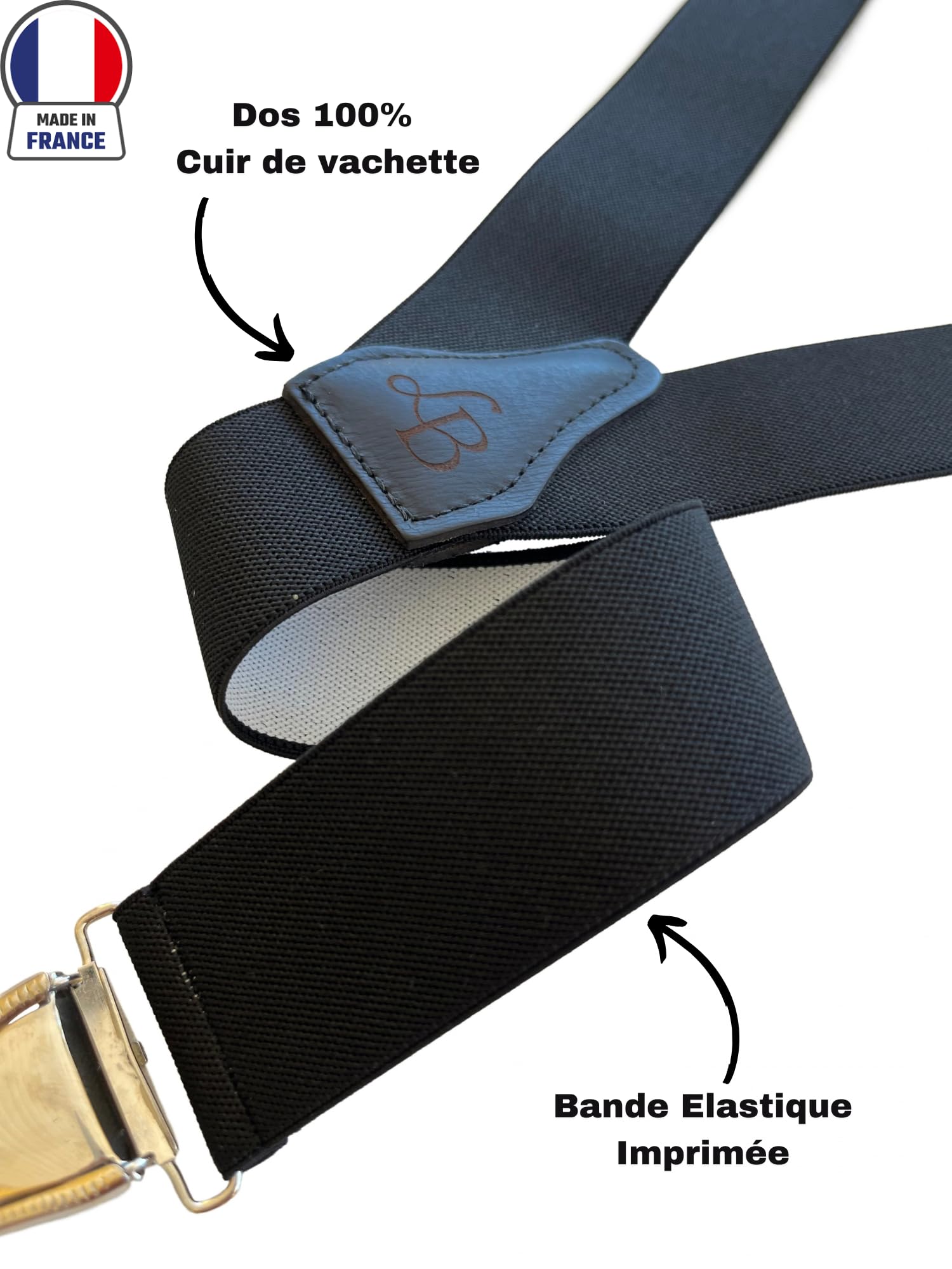 Bretelles Homme Larges en Y Made in France - Bretelles Elégantes & Classiques - Dos 100% Cuir - Tissu Résistant Elastique - 3,5 cm x 120 cm - Pinces Fort Maintien du Pantalon
