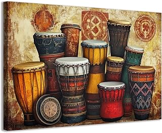 CCWACPP African Drums Wall Art Ethnic Ancient Pictures African Music Painting Vintage Traditional Musical Instruments Canvas Prints for Home Decor Framed (12.00" x 18.00")