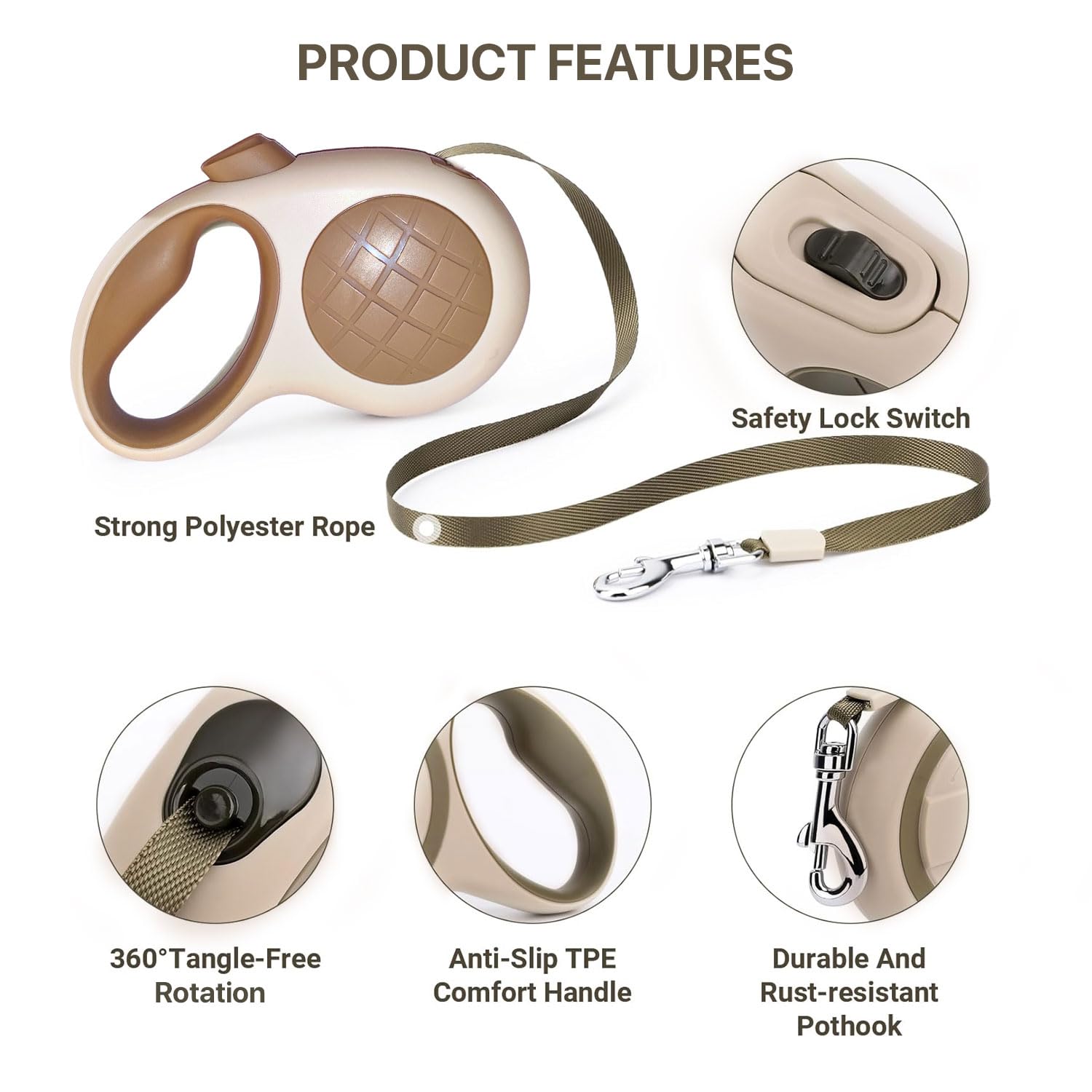 PETBABAS Adjustable Retractable Dog Leash |Heavy Duty Leash for Pets with 360° Tangle Free Design |Strong Nylon Tape, Anti-Slip Handle, Built in Spring, One-Click Brake Pause (5 Meter, White) 1
