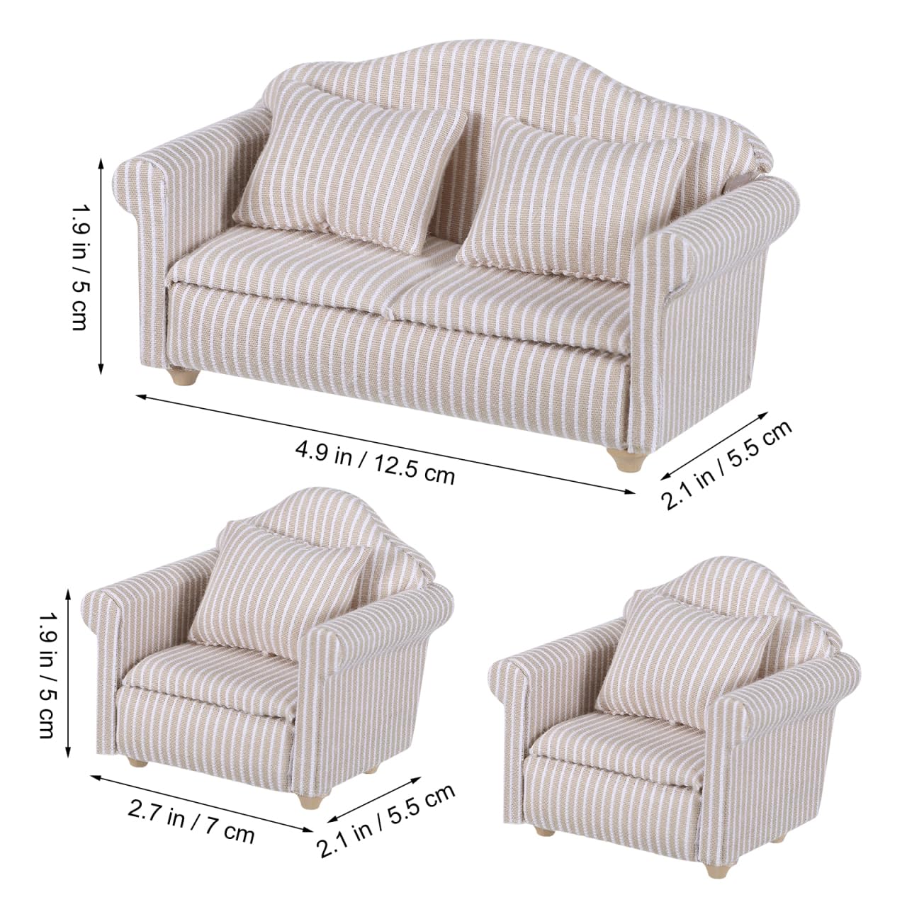 Toddmomy 1:12 Miniatur Sofa Set für Puppenhaus Möbel, Elegante Couch mit Kissen, Holz Mini Möbel Puppenstube Zubehör, Dekoration für Wichteltür & Wichtel Wohnzimmer