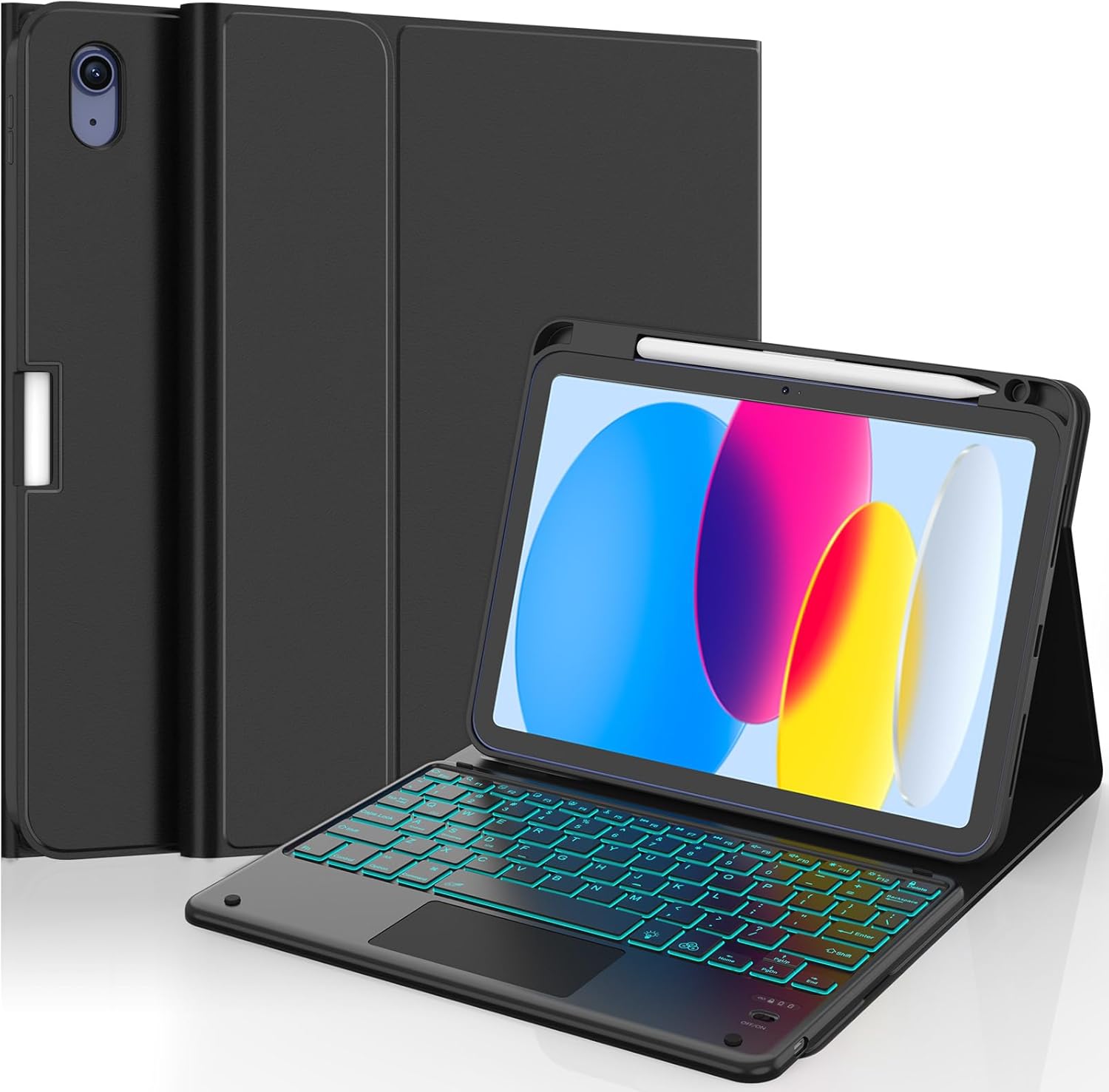MMK for iPad 11th 10th Generation Case with Keyboard, Folio Cover with Pencil Holder, Multi-Touch Trackpad, 7 Color Backlit, Detachable Keyboard for iPad (A16) 11th/10th Gen (Black)
