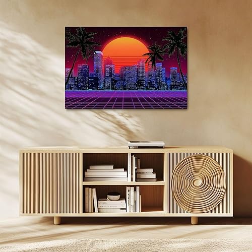 Miniatura 6 de Canvas Wall Art Prints Retro wave synthwave vaporwave skyline scenery landscape Large Framed Artwork Wall Paintings Pictures Posters 24"x36" Wall