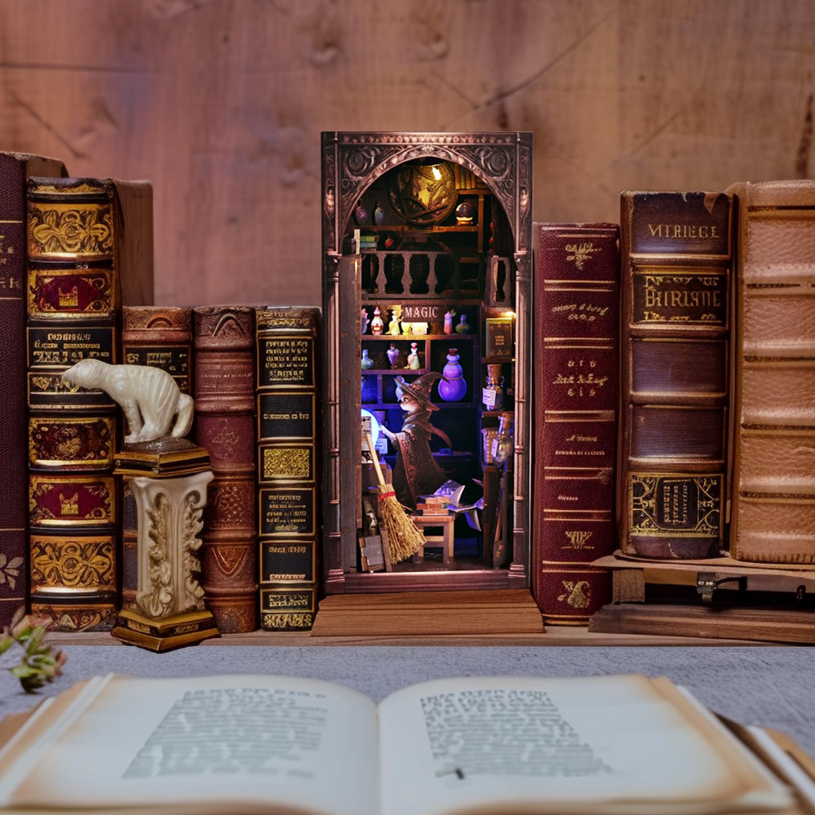 Kit angolo libro 3D Magic Cat Wizard, kit fai da te in miniatura per casa delle bambole per adulti e adolescenti, puzzle con inserto fermalibri in legno 3D, modello mini casa magica