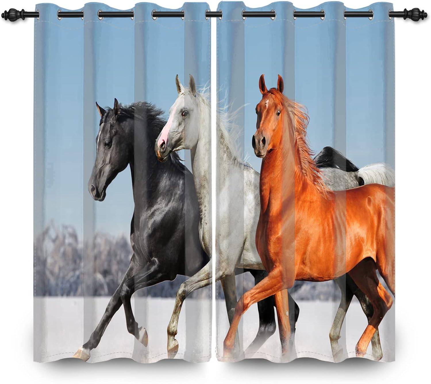 Yeele 42x84inches Horse Window Curtains Black White Brown Horse Running on The Snow Field Natural Landscape Window Drapes 2 Panels Set Grommet Window Treatments for Boys Men Bedroom Home Decor