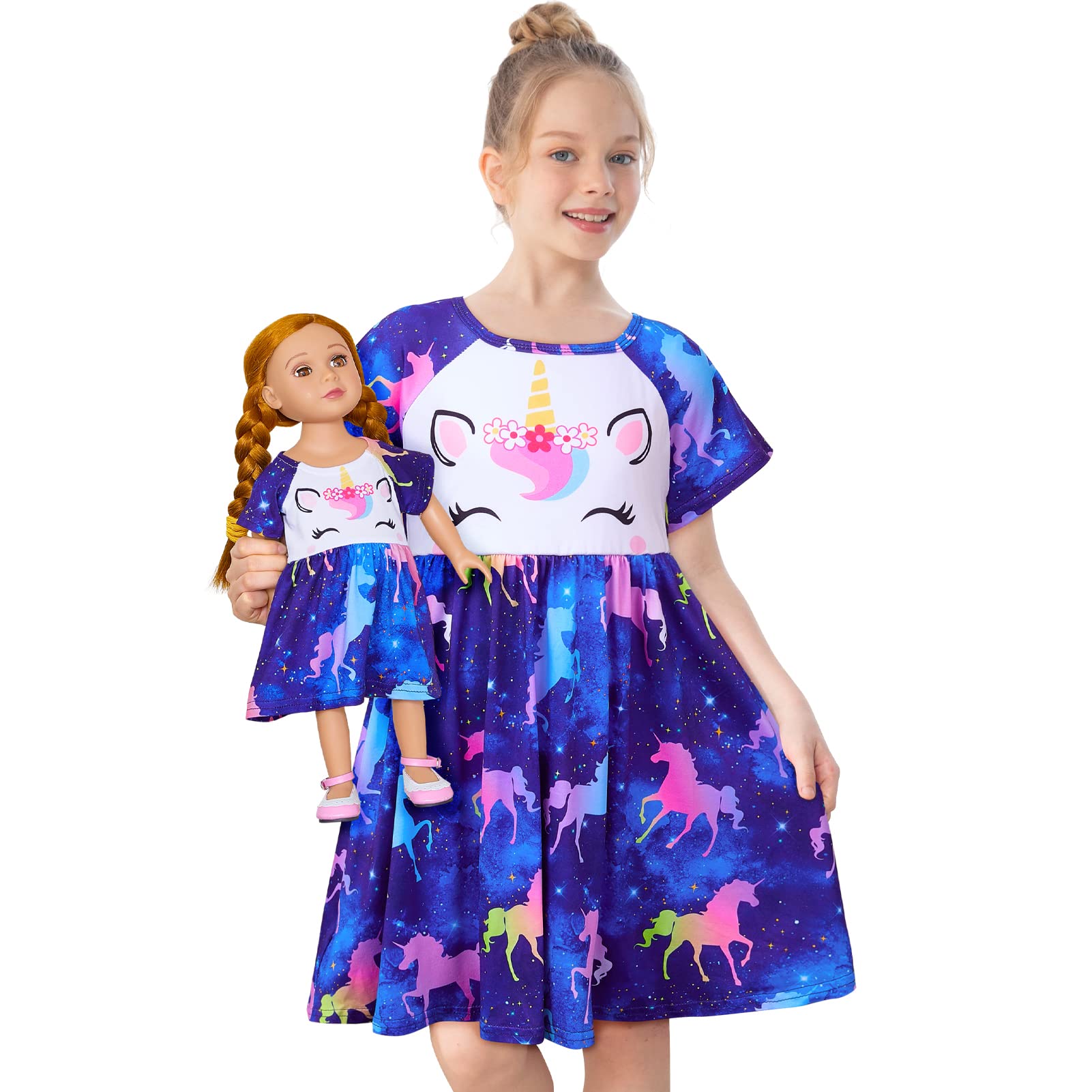 Play Tailor Doll & Girl Matching Nightgown for 18" Doll Clothes Accessories | Doll Not Included, Doll Clothes for 18 Inch Dolls, Birthday Christmas Gift, Soft Breathable Stretch Fabric, Knee Length Dark Blue 4-5T