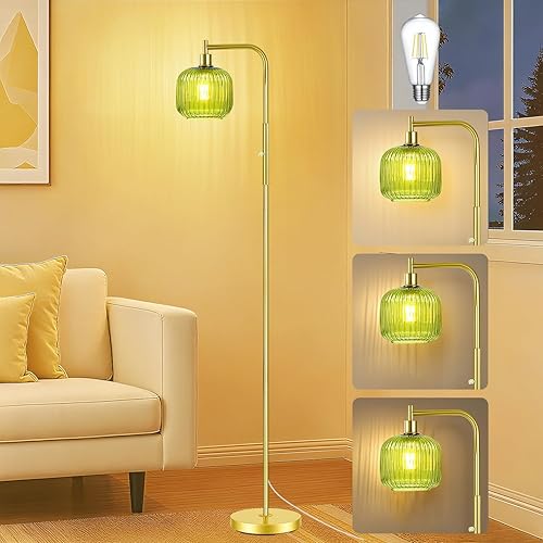 Moderna lámpara de pie de cristal para sala de estar, lámpara de pie regulable de mediados de siglo con pantalla de vidrio acanalado verde, lámparas