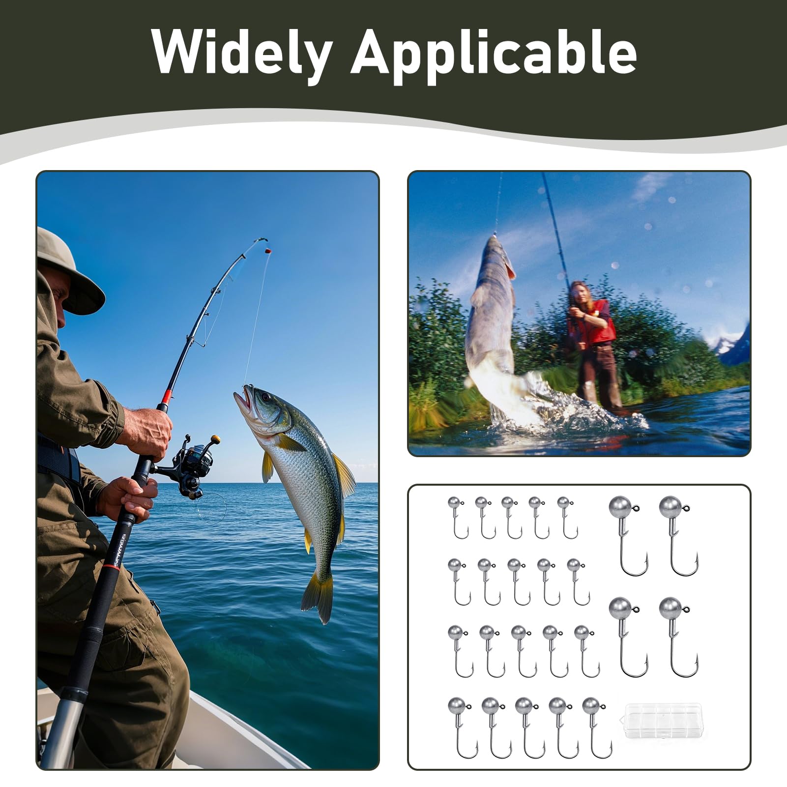 24 Piezas Cabezas Plomadas Pesca, Kit Jig Head 3,5g 5g 7g 10g 14g, Anzuelos Púas Alta Resistencia en Acero al Carbono, Anzuelo para Cebo Suave con Caja Almacenamiento para Pesca en Agua Dulce Salada