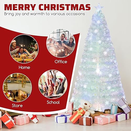 Miniatura 38 de Goplus Árbol de Navidad artificial de fibra óptica preiluminado, con luces LED multicolor y copos de nieve (6 pies)
