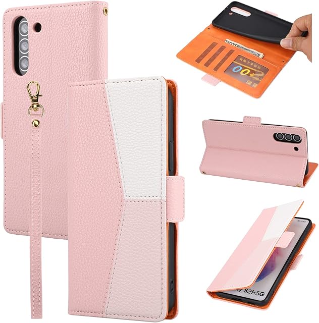ZCDAYE Phone Case for Samsung Galaxy S21 Wallet Case with Card Slots Wrist Strap, Folio Flip Leather Cover for Samsung S21 - Splicing Pink