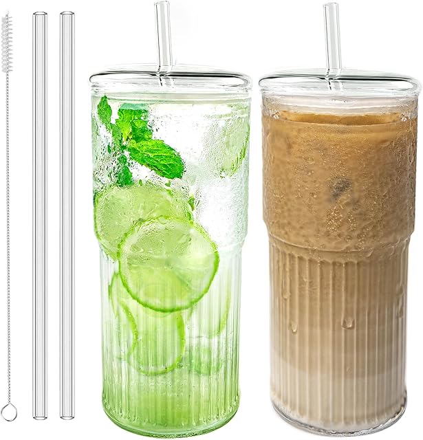 Glass Cups with Lids and Glass Straws, High Borosilicate 20OZ Tumblers (2Pcs) for Coffee, Tea, Juice, Smoothies, Hot or Cold Drinks at Home, Office