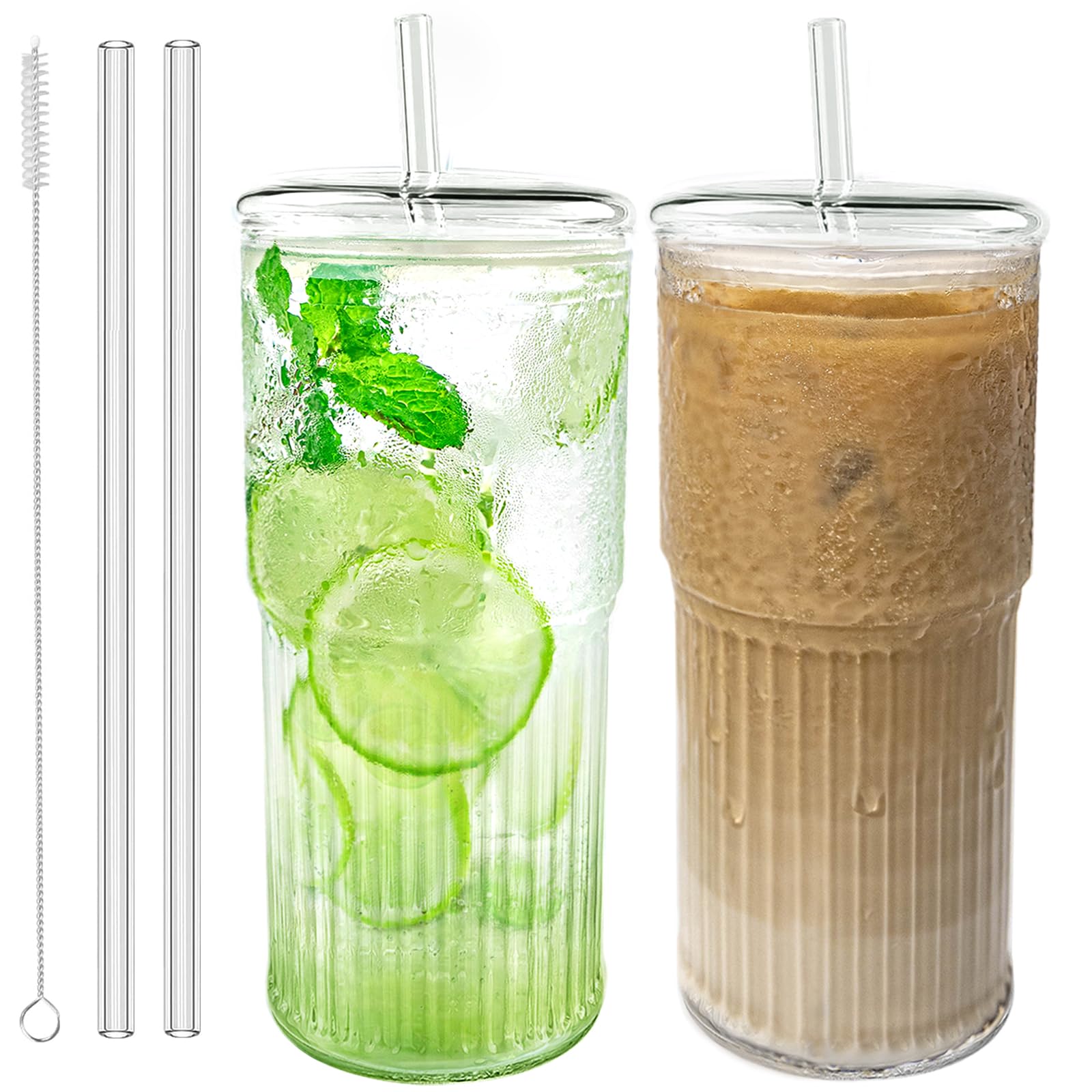 Glass Cups with Lids and Glass Straws, High Borosilicate 20OZ Tumblers (2Pcs) for Coffee, Tea, Juice, Smoothies, Hot/Cold Drinks at Home, Office